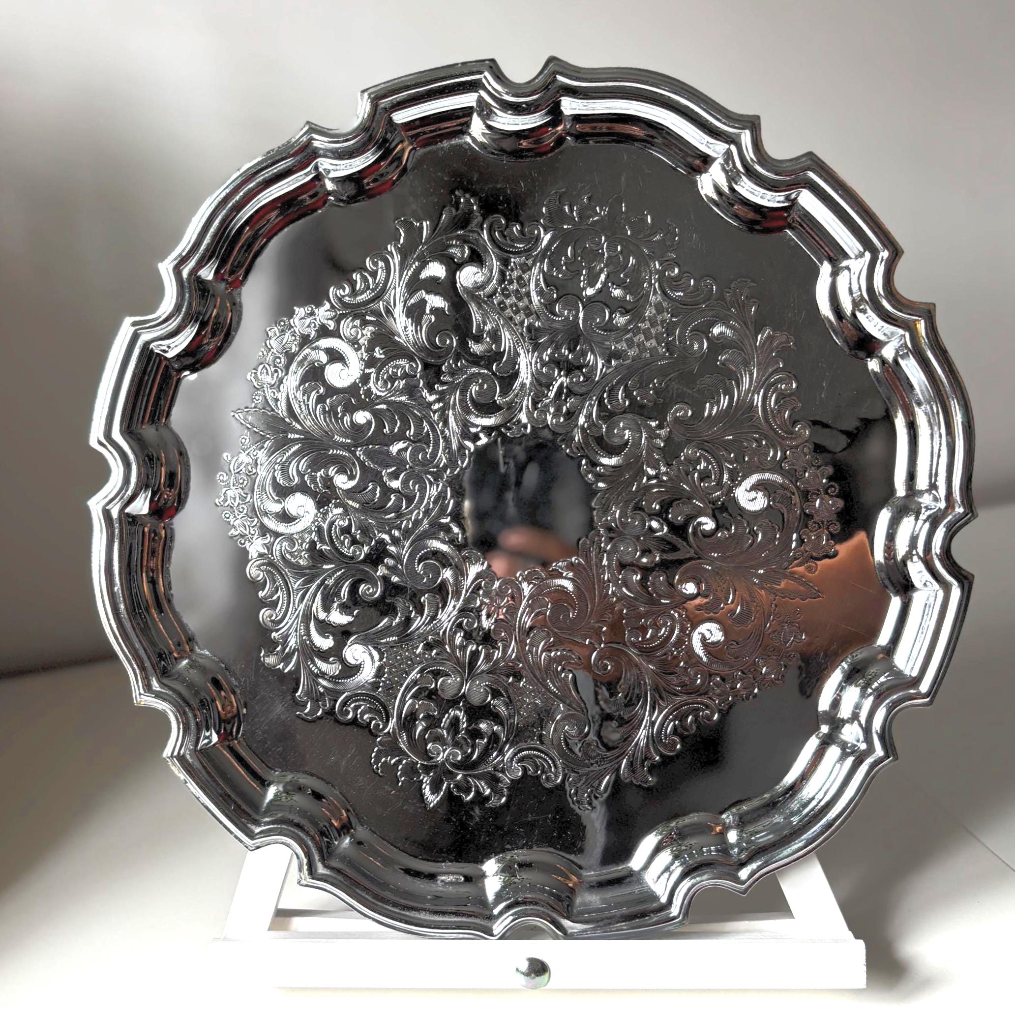 Vintage English Silver Plated Gallery Tray Ornate Scalloped Serving Tray Made in England Round
