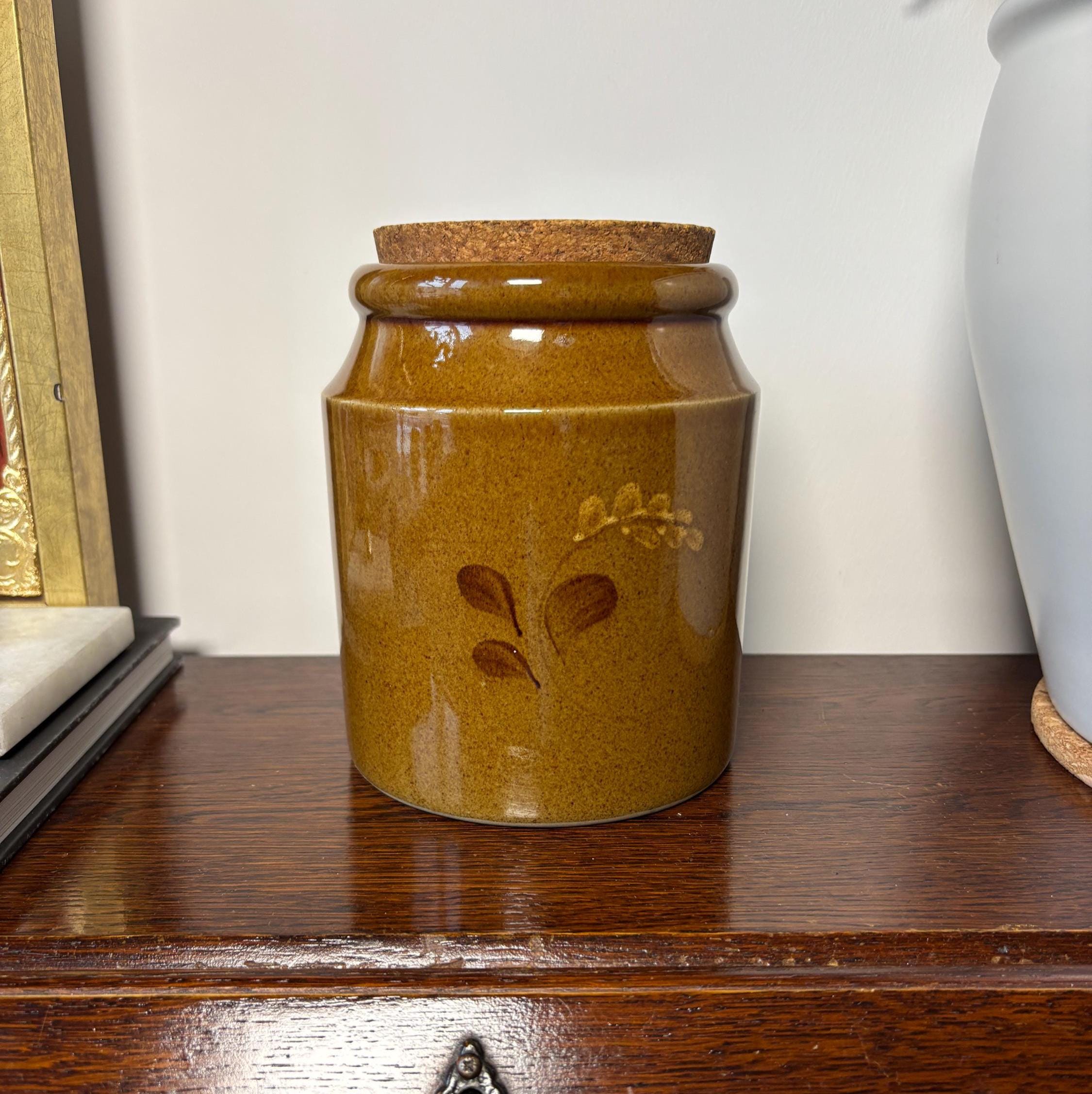 Vintage Pearsons Stoneware Storage Jar with Cork Lid – Brown Glaze Leaf Motif