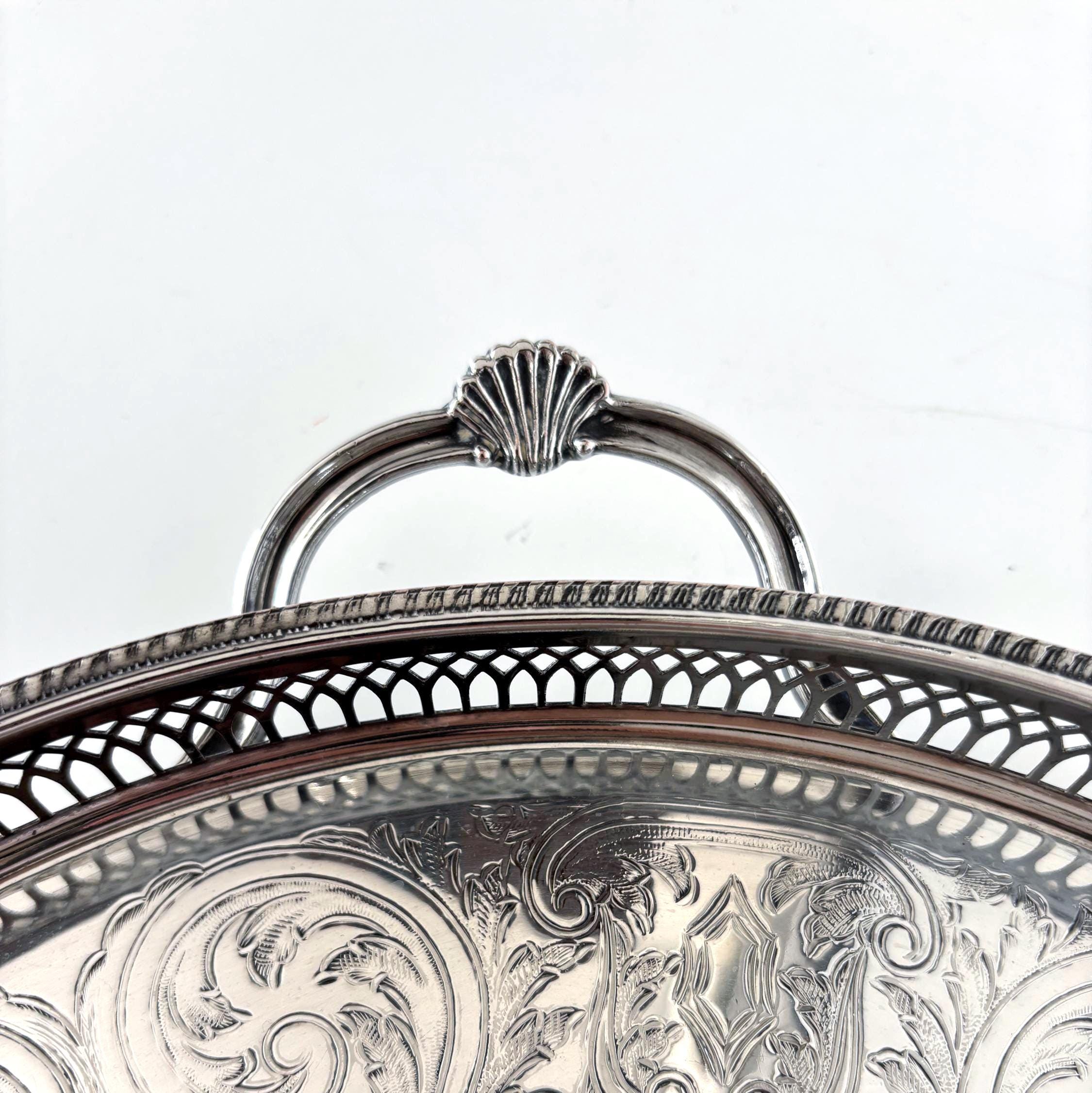 Large Cavalier Silver Plated Serving Tray, Round Gallery Tray With Handles, Made in England