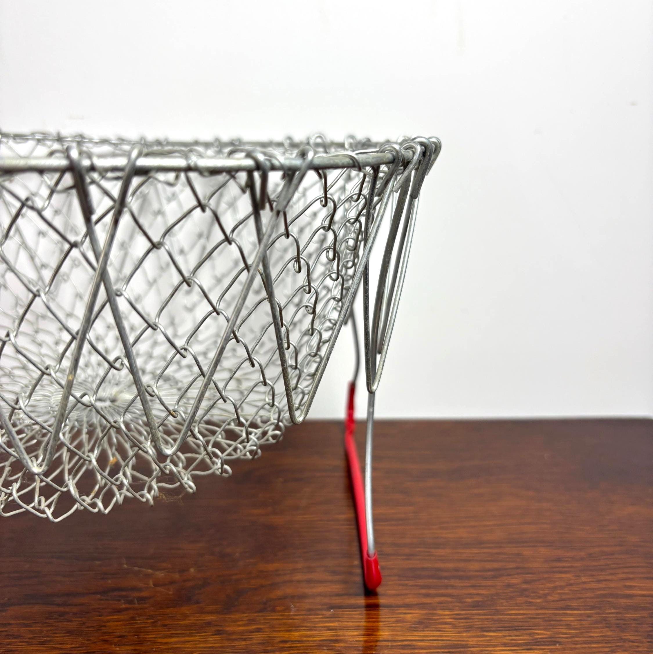 Vintage Collapsible Wire Egg Basket with Red Handle French Style Folding Market Basket