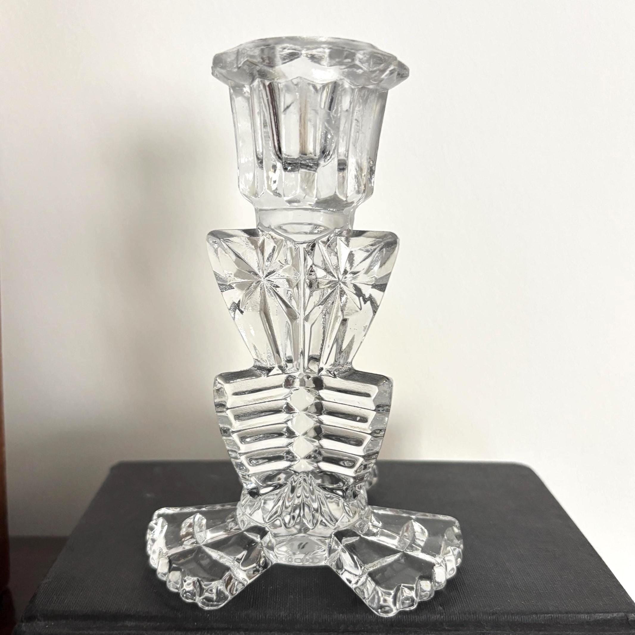 Vintage Art Deco Glass Candlestick: Bagley Duchess Design, 1930s Clear Glass