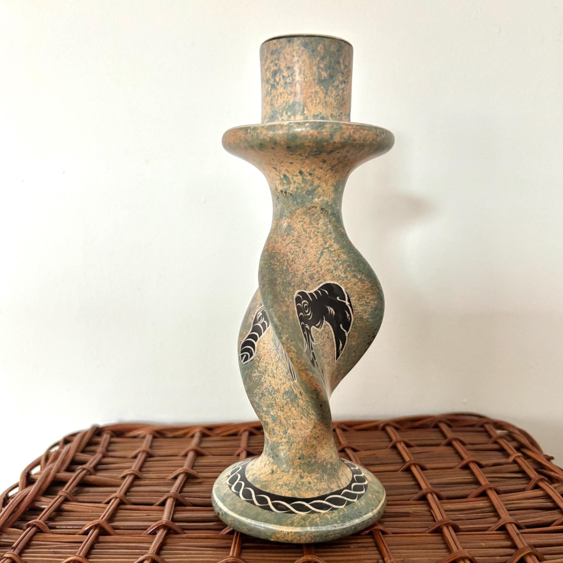 Kisii Soapstone Safari Candlestick | Hand-Carved Kenya | Zebra, Elephant & Rhino | Barley-Twist Taper Holder