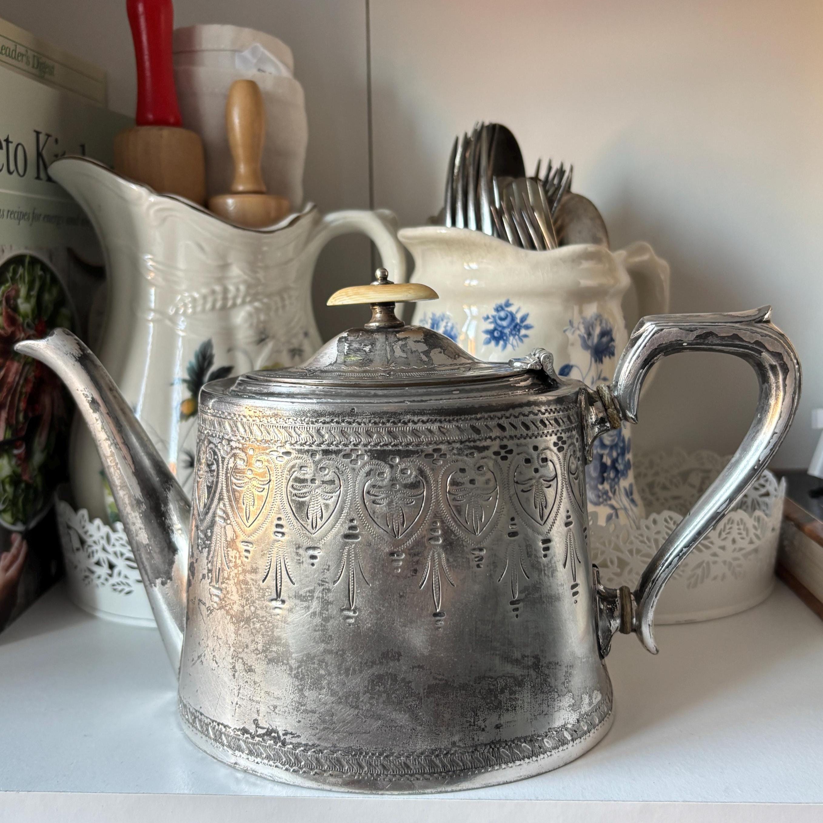 Vintage Silver Plated Teapot: Victorian Engraved Design, Bone Finial