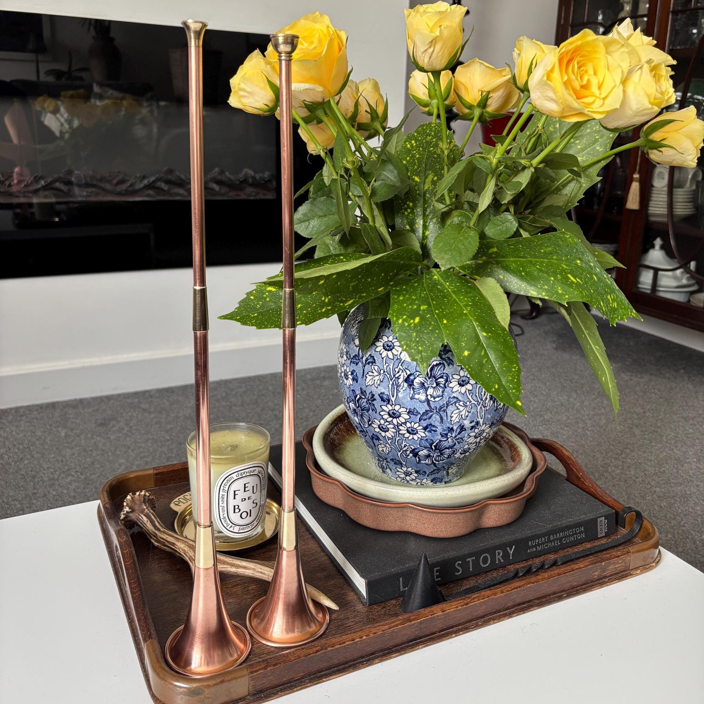 Vintage Copper & Brass Hunting Horn Wall Décor Pair 43cm Scandinavian Style