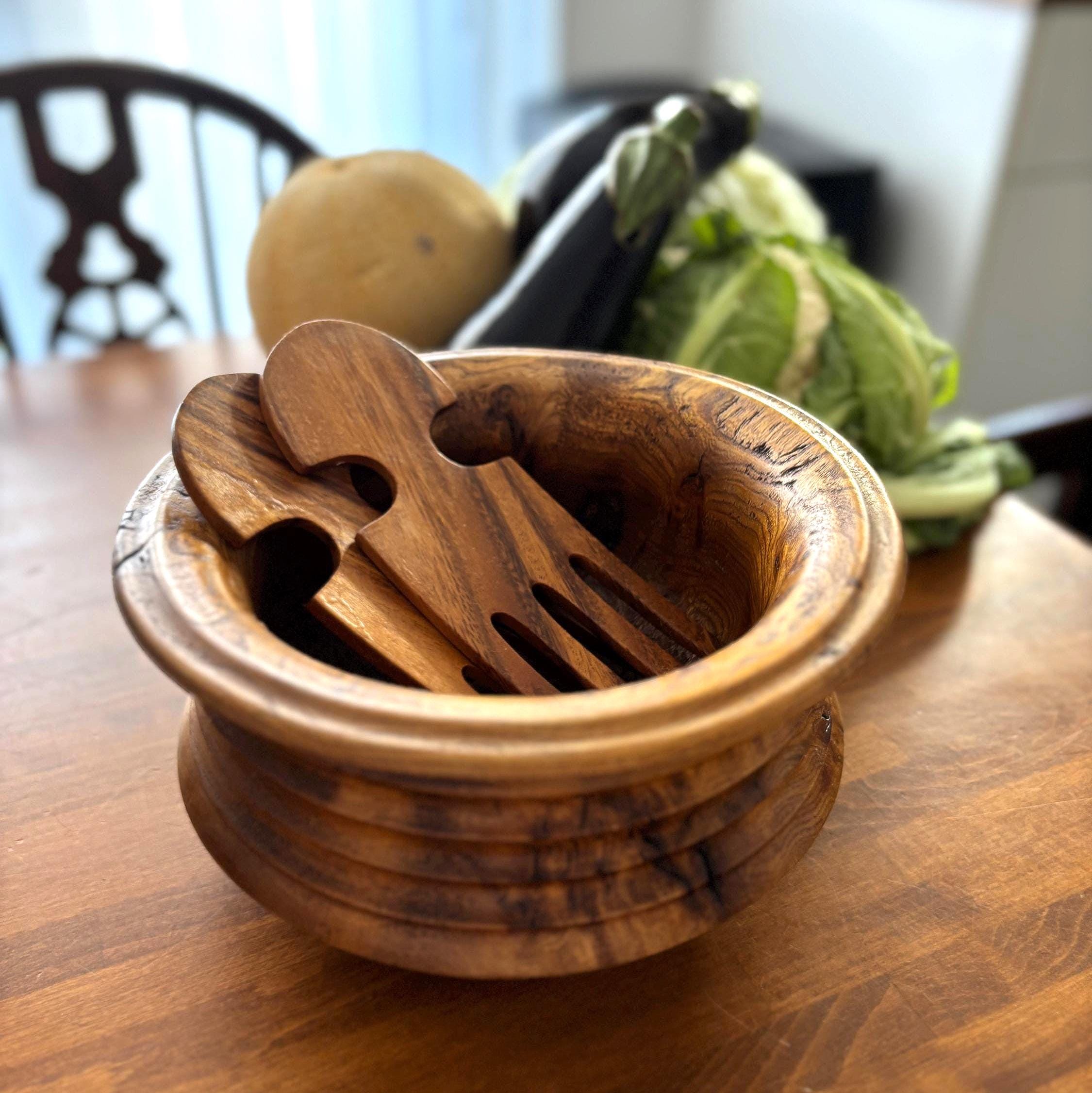 Vintage Burl Wood Salad Bowl Set Wooden Servers Rustic Farmhouse Kitchen Decor