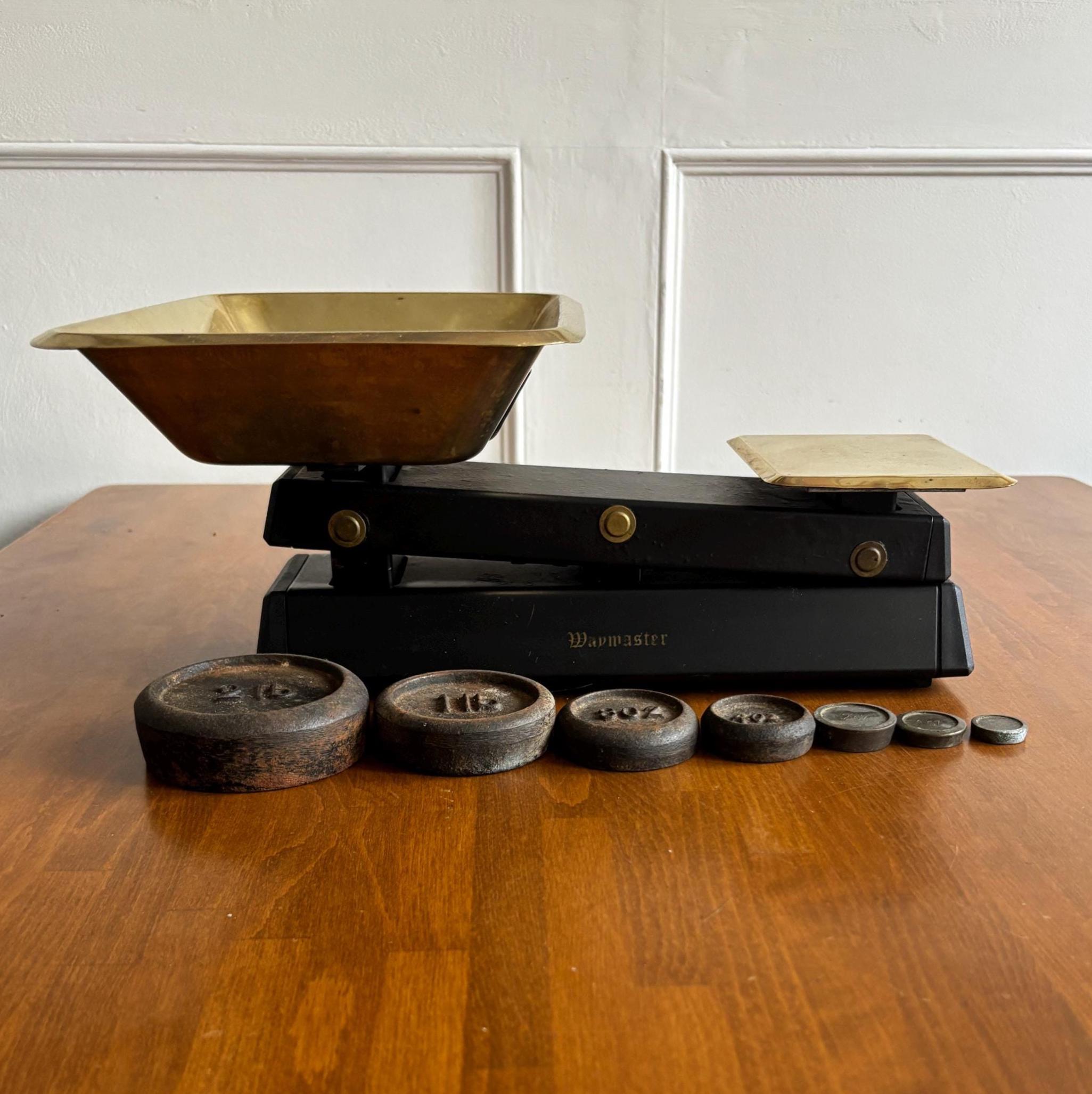 Vintage Waymaster Kitchen Scales with Brass Pan & 7 Original Weights