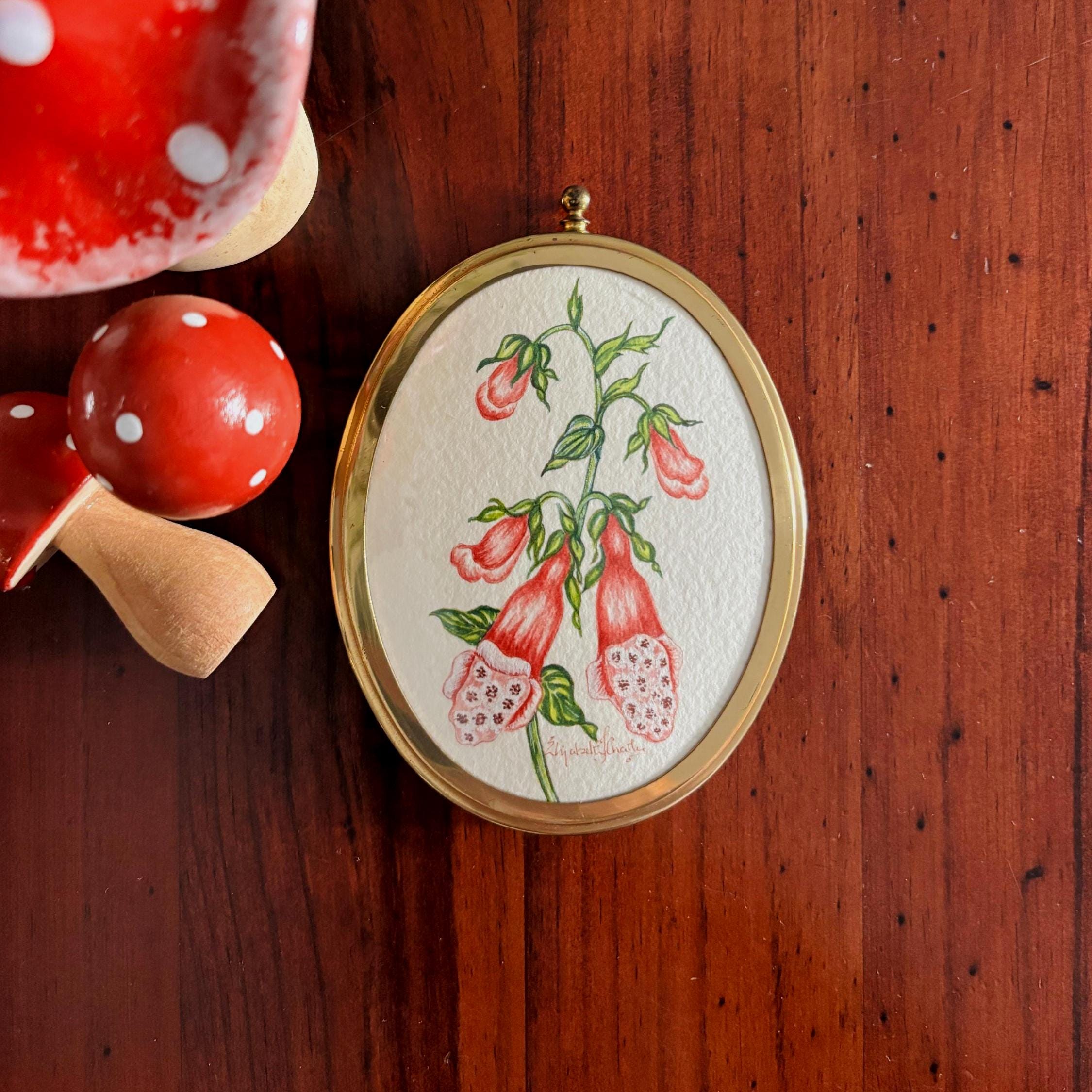 Miniature Foxglove Botanical Watercolour | Signed | Brass Tone Oval Frame