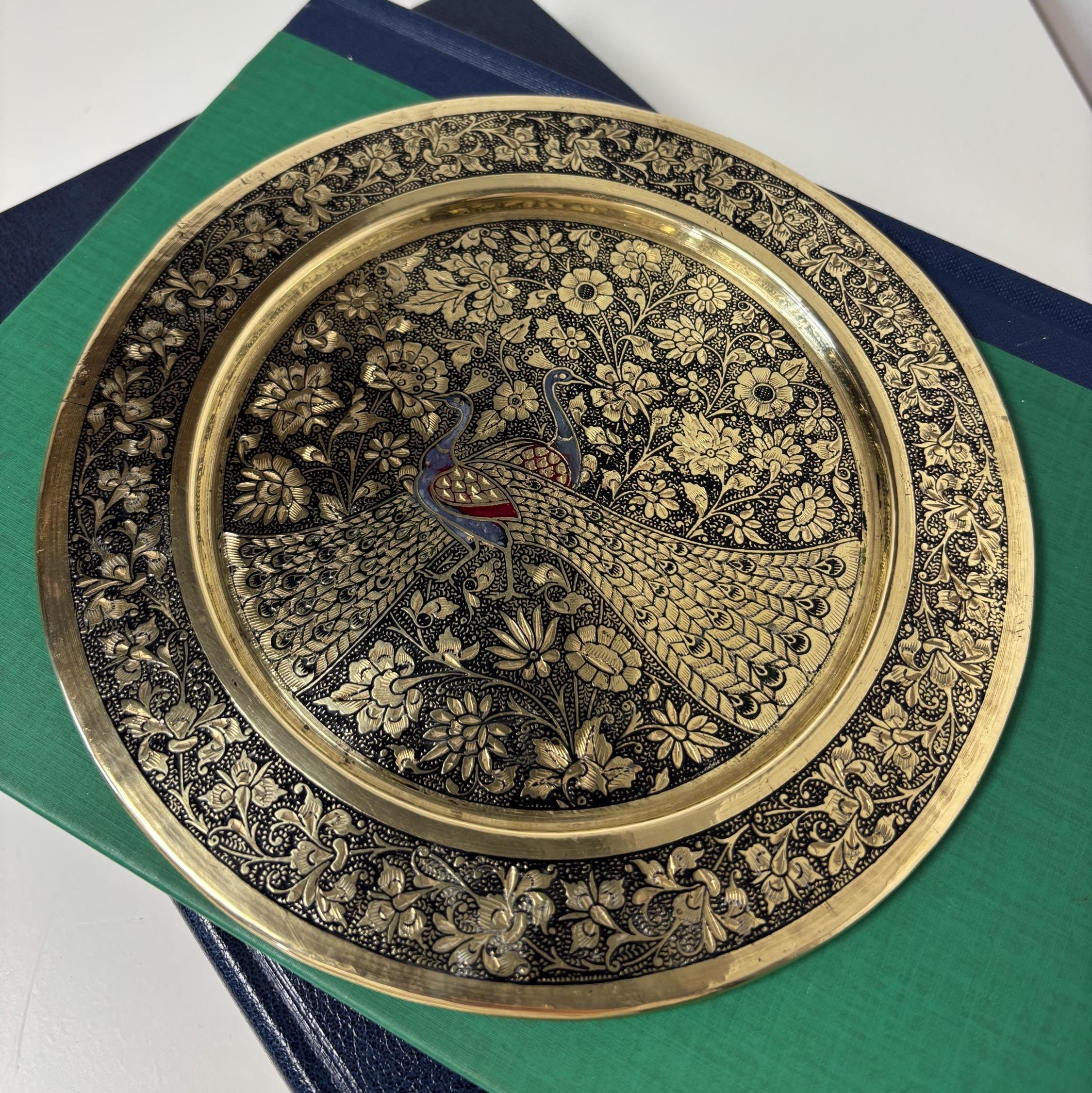 Vintage Brass Peacock Plate Etched Floral Indian Wall Hanging Decor