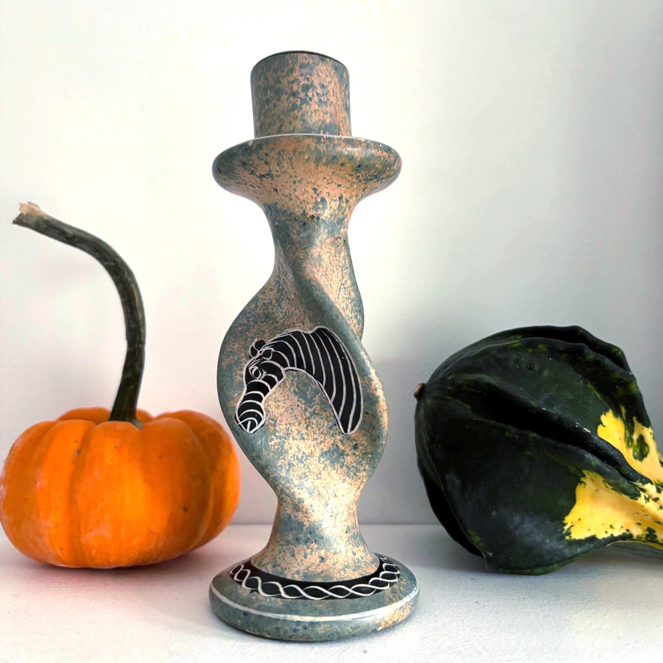 Kisii Soapstone Safari Candlestick | Hand-Carved Kenya | Zebra, Elephant & Rhino | Barley-Twist Taper Holder