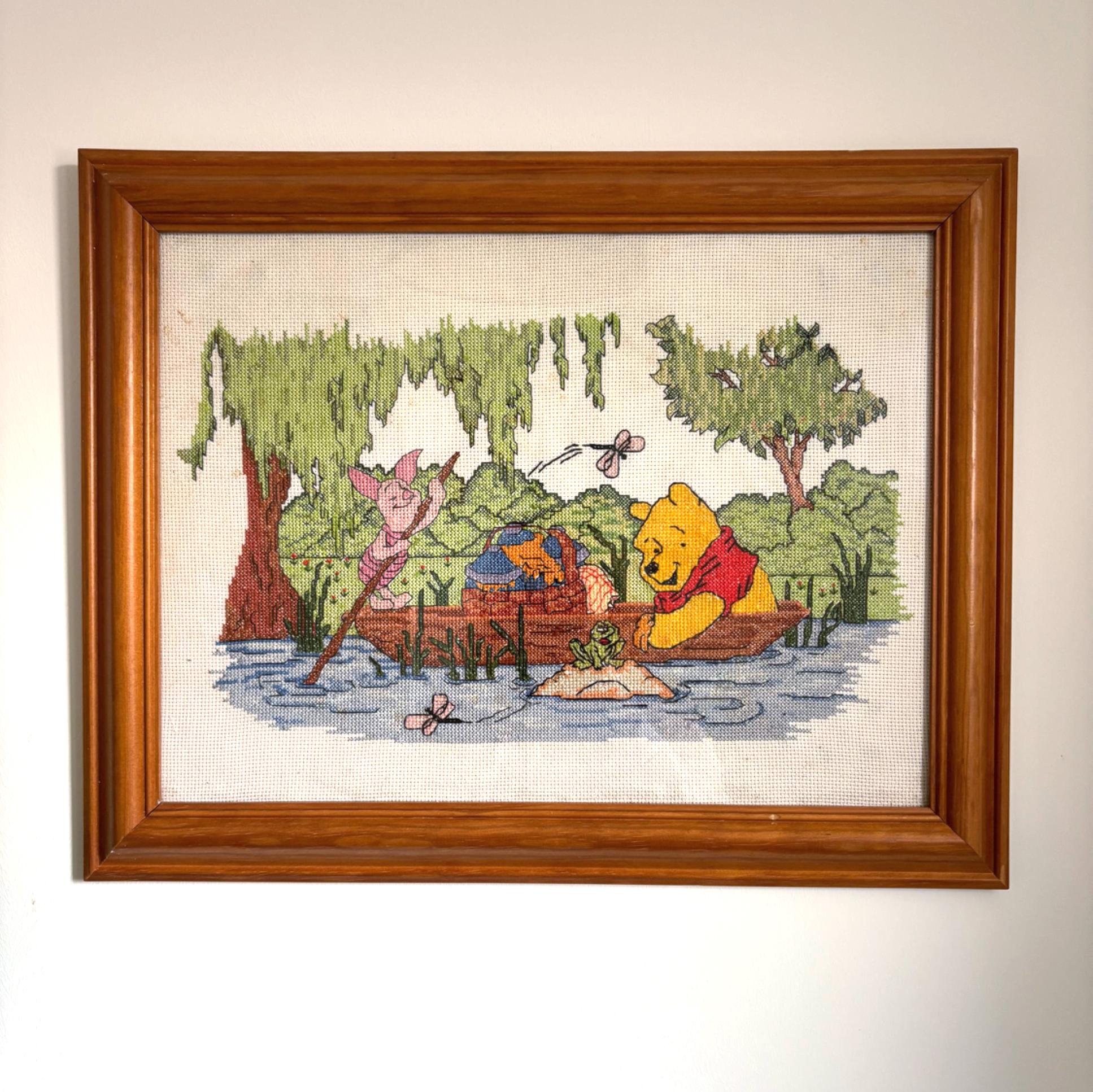 Vintage Framed Winnie the Pooh Cross Stitch Embroidery Nursery Wall Art Piglet Boat Scene