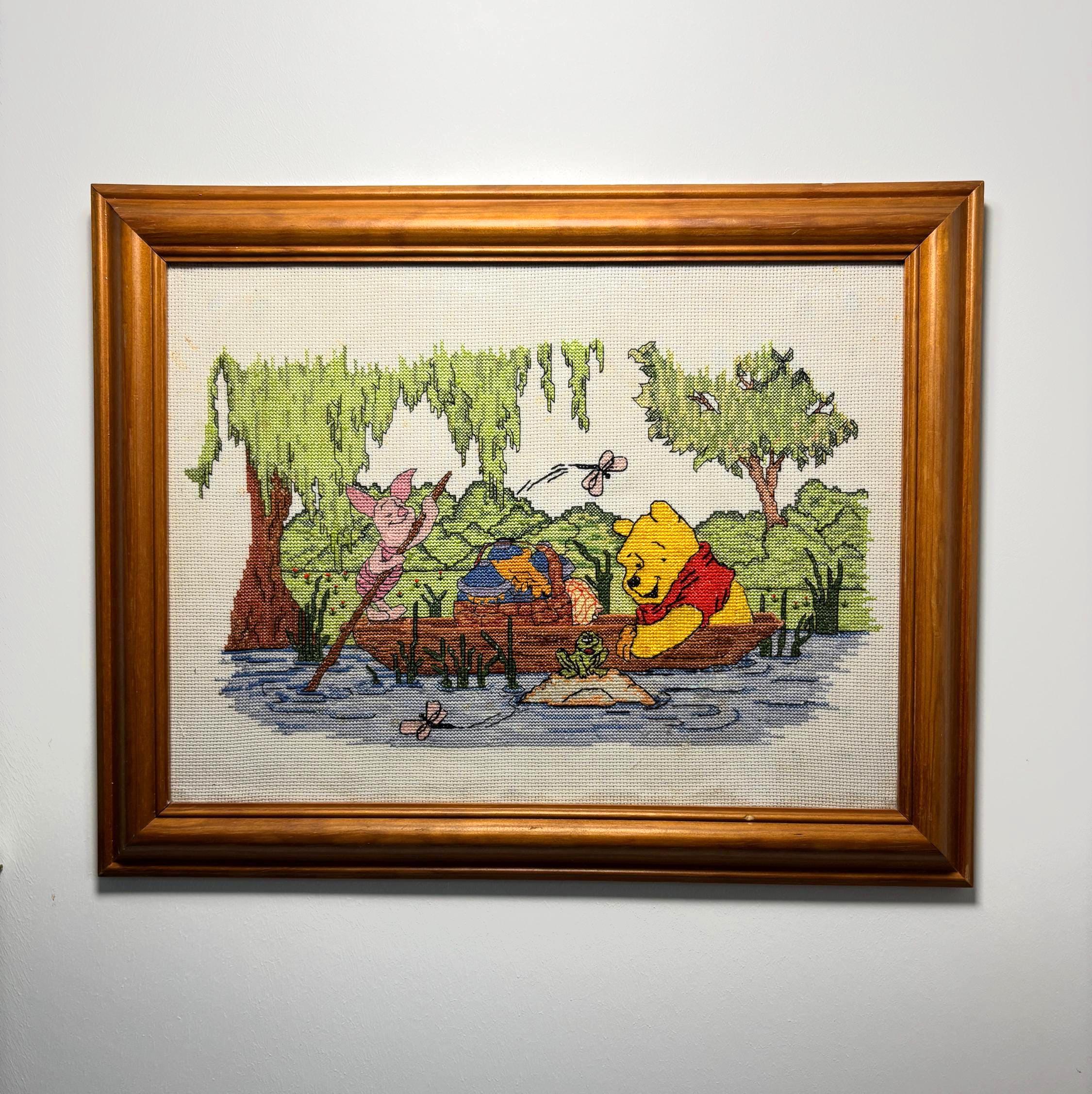 Vintage Framed Winnie the Pooh Cross Stitch Embroidery Nursery Wall Art Piglet Boat Scene