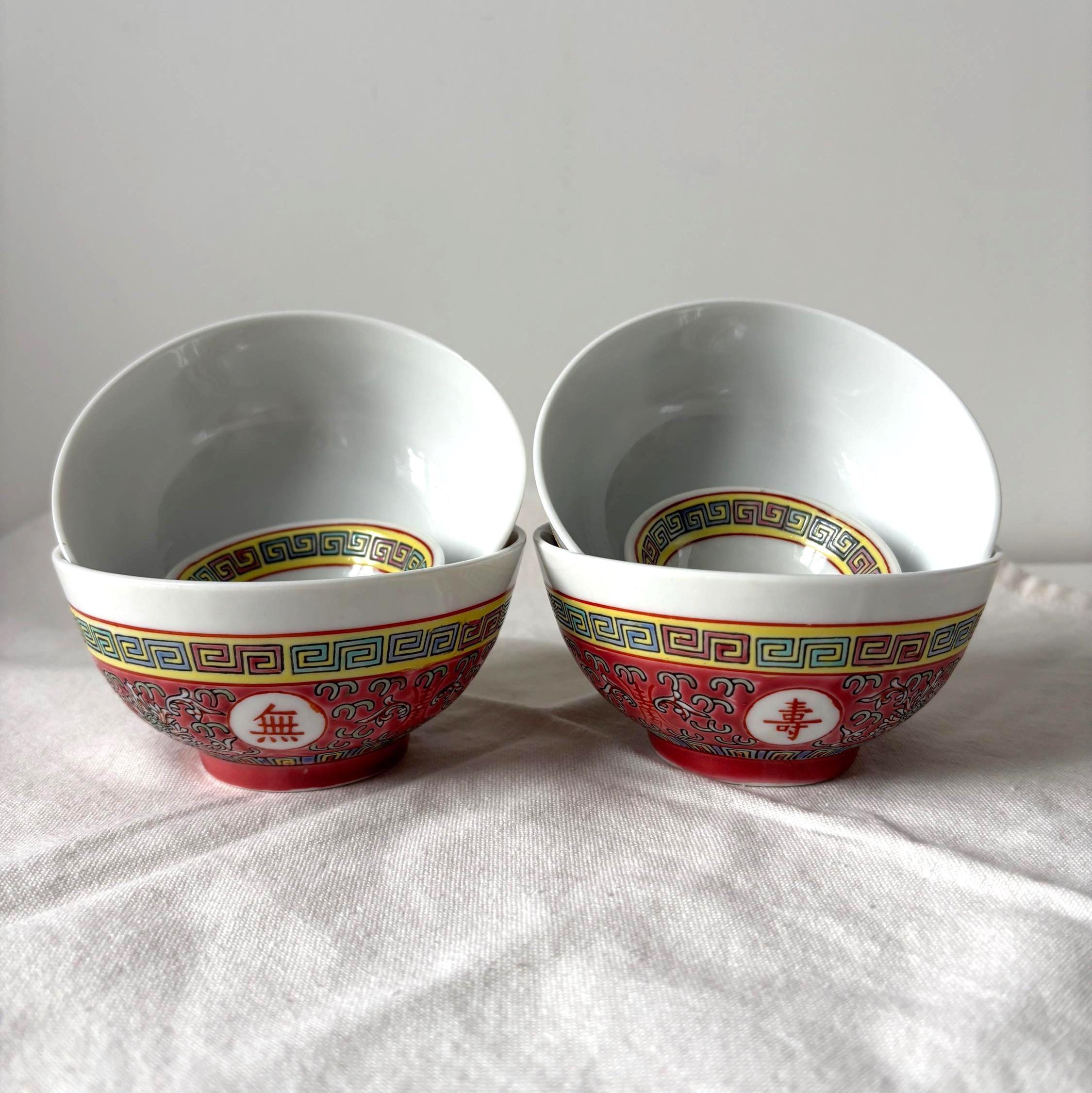 Vintage Jingdezhen Longevity Rice Bowl Set Chinese Restaurant Ware