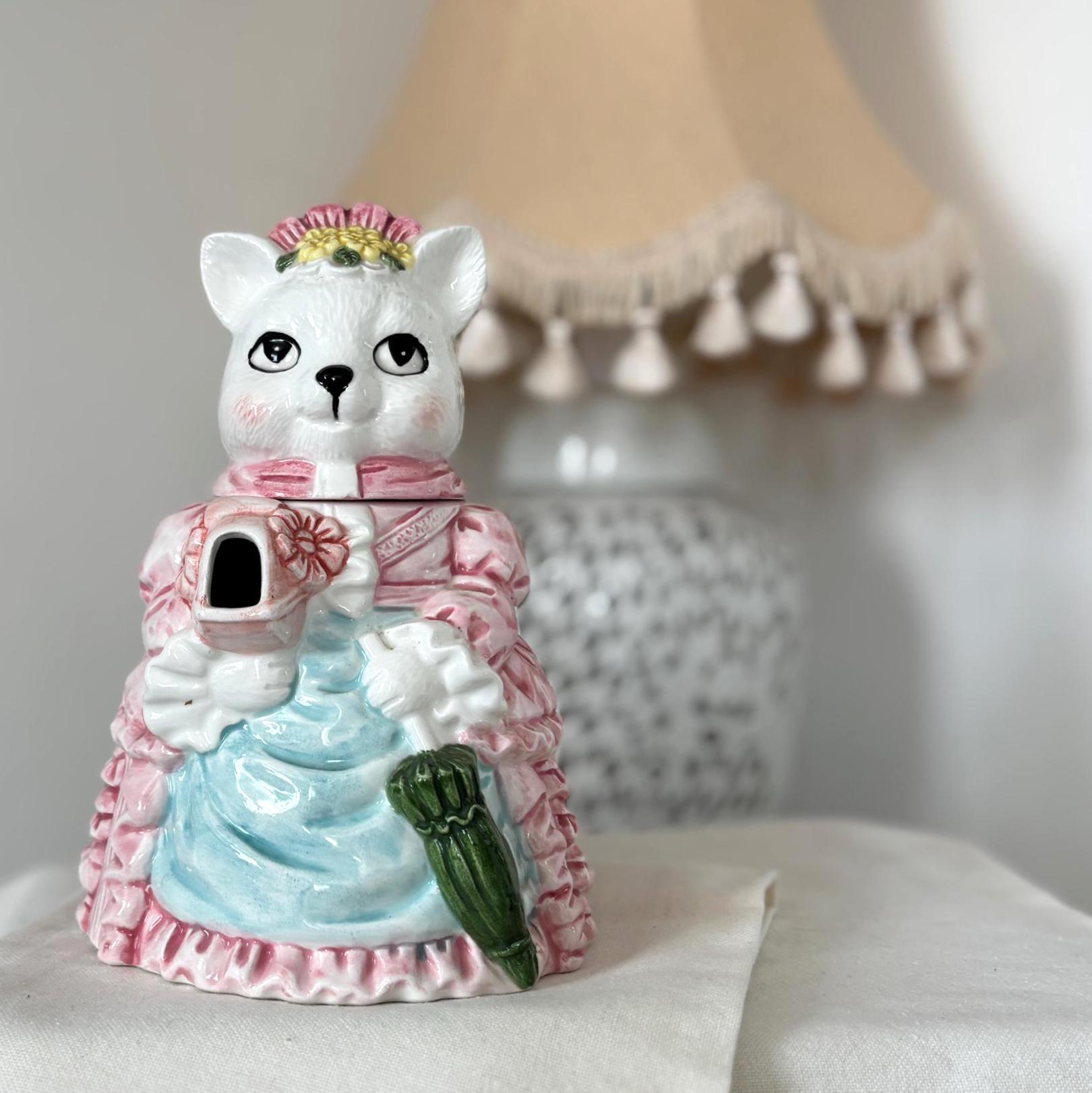 Vintage Ceramic Cat Teapot Victorian Lady Kitty Coffee Pot Pink Novelty Collectible Decor