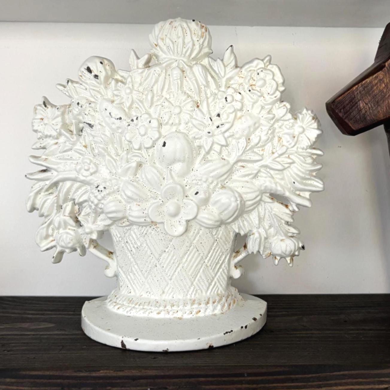 Vintage Cast Iron Flower Basket Doorstop Distressed White Shabby Chic Cottage Farmhouse Decor