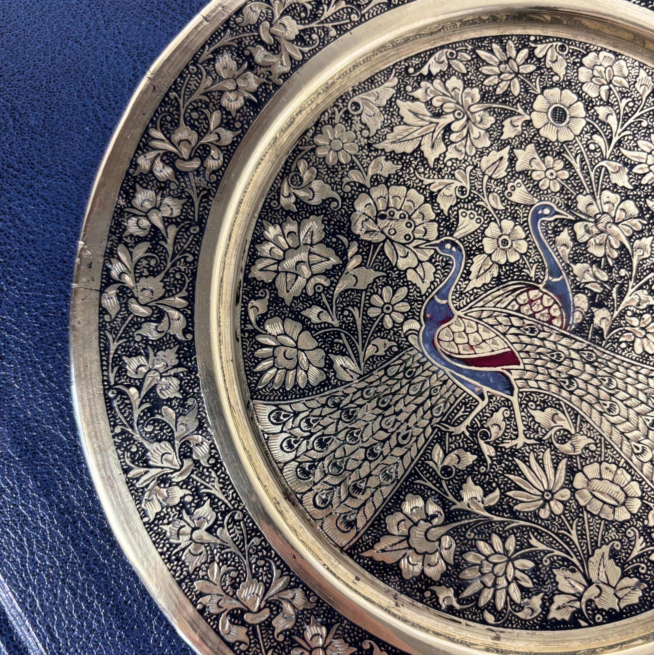 Vintage Brass Peacock Plate Etched Floral Indian Wall Hanging Decor