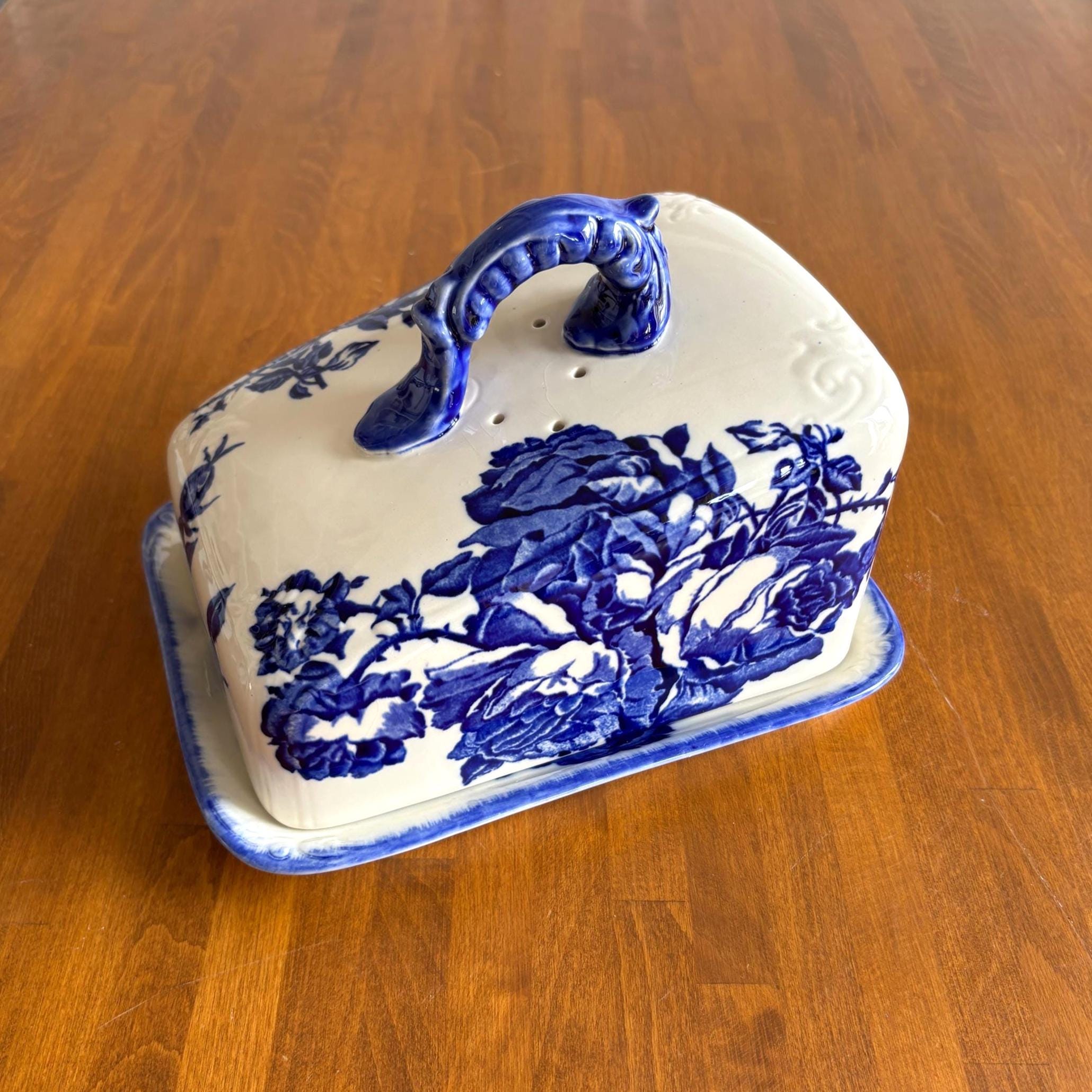 Vintage Blakeney Blue Transfer-ware Cheese Keeper Ironstone Cheese Dish Staffordshire England