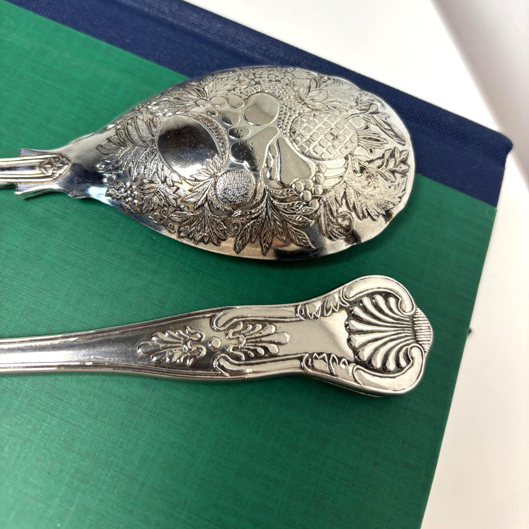 Ornate Vintage Silver Plated Salad Servers Fruit Pattern Victorian Style Serving Spoon Fork Set