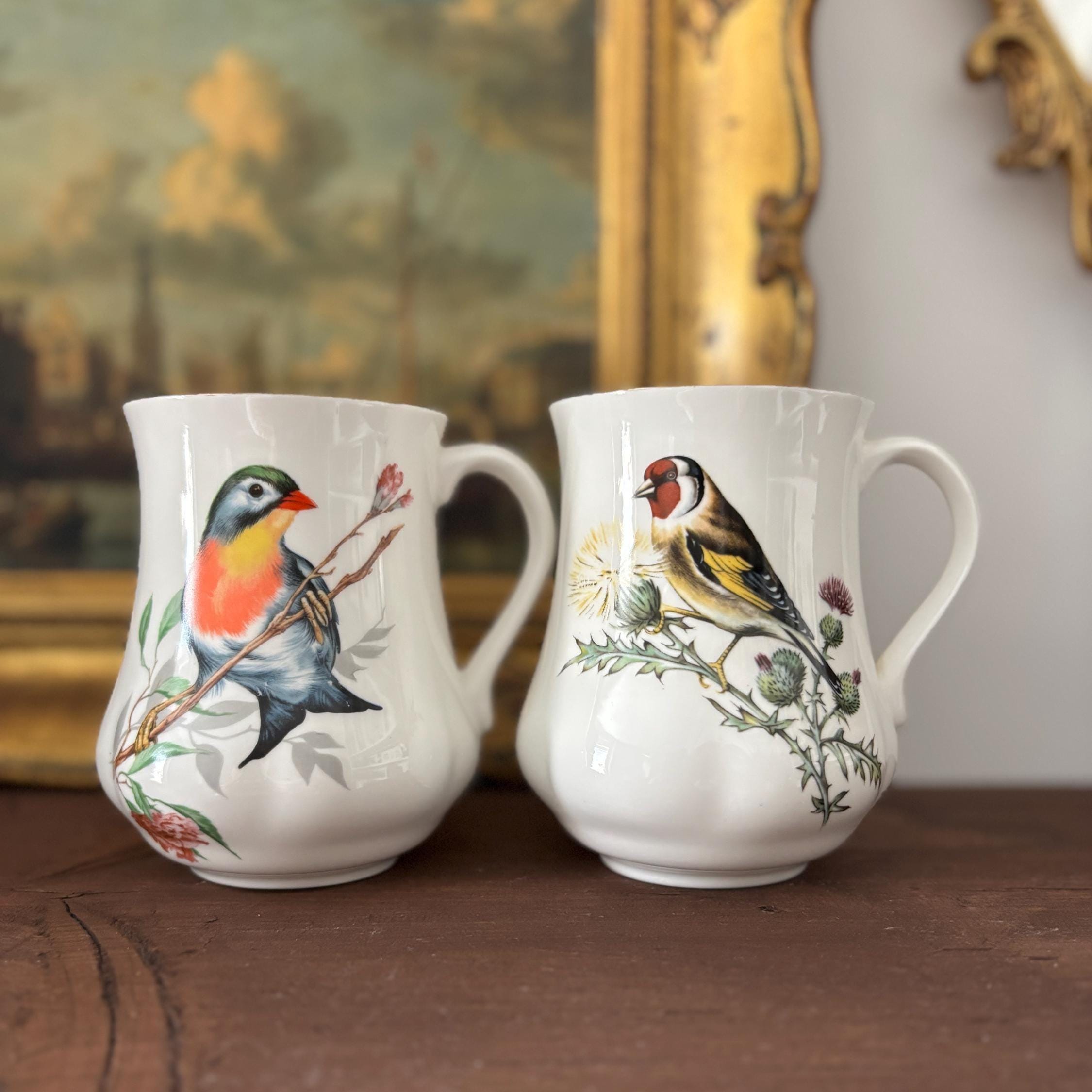 Vintage Bone China Bird Mugs Pair England Goldfinch Robin Tea Coffee Cups