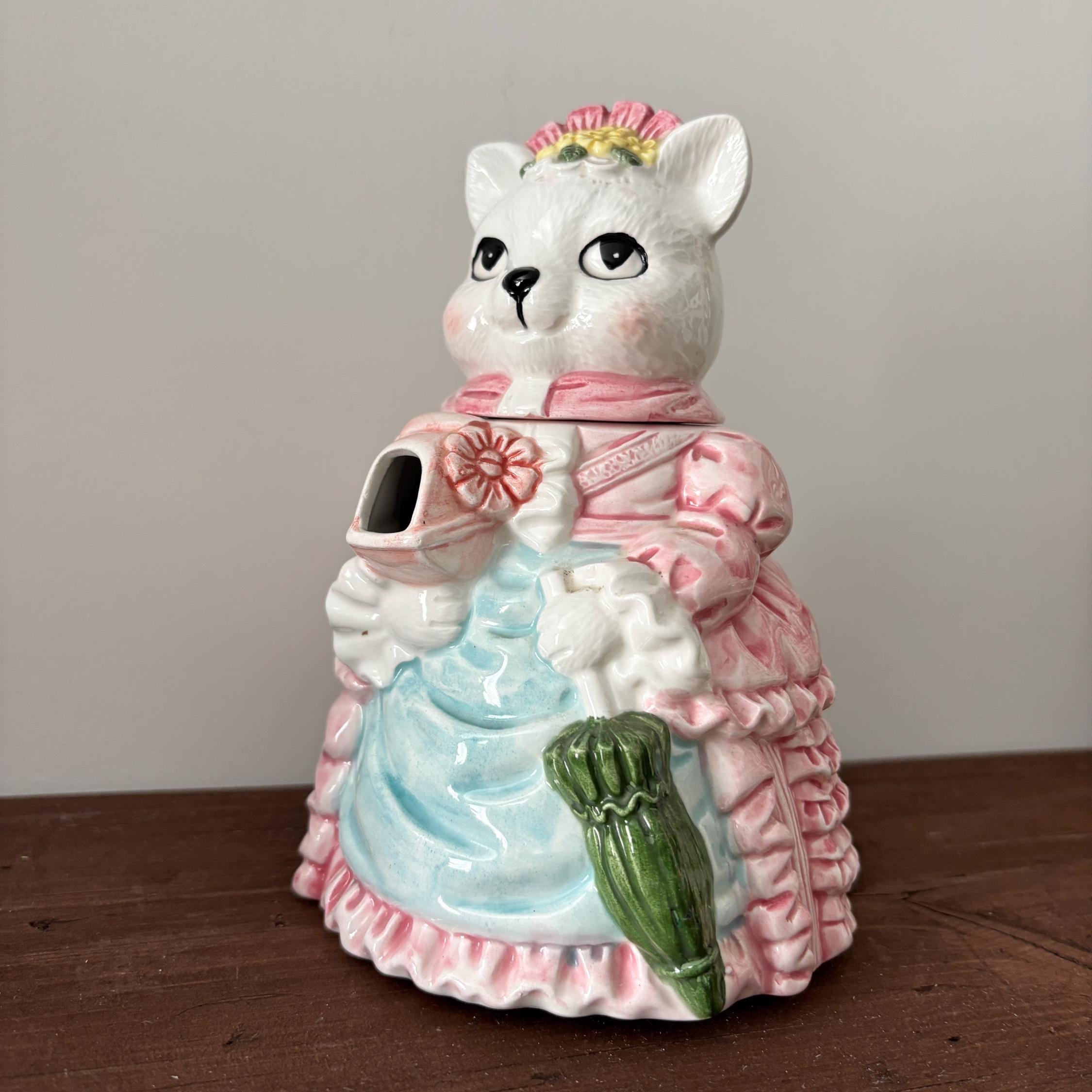 Vintage Ceramic Cat Teapot Victorian Lady Kitty Coffee Pot Pink Novelty Collectible Decor