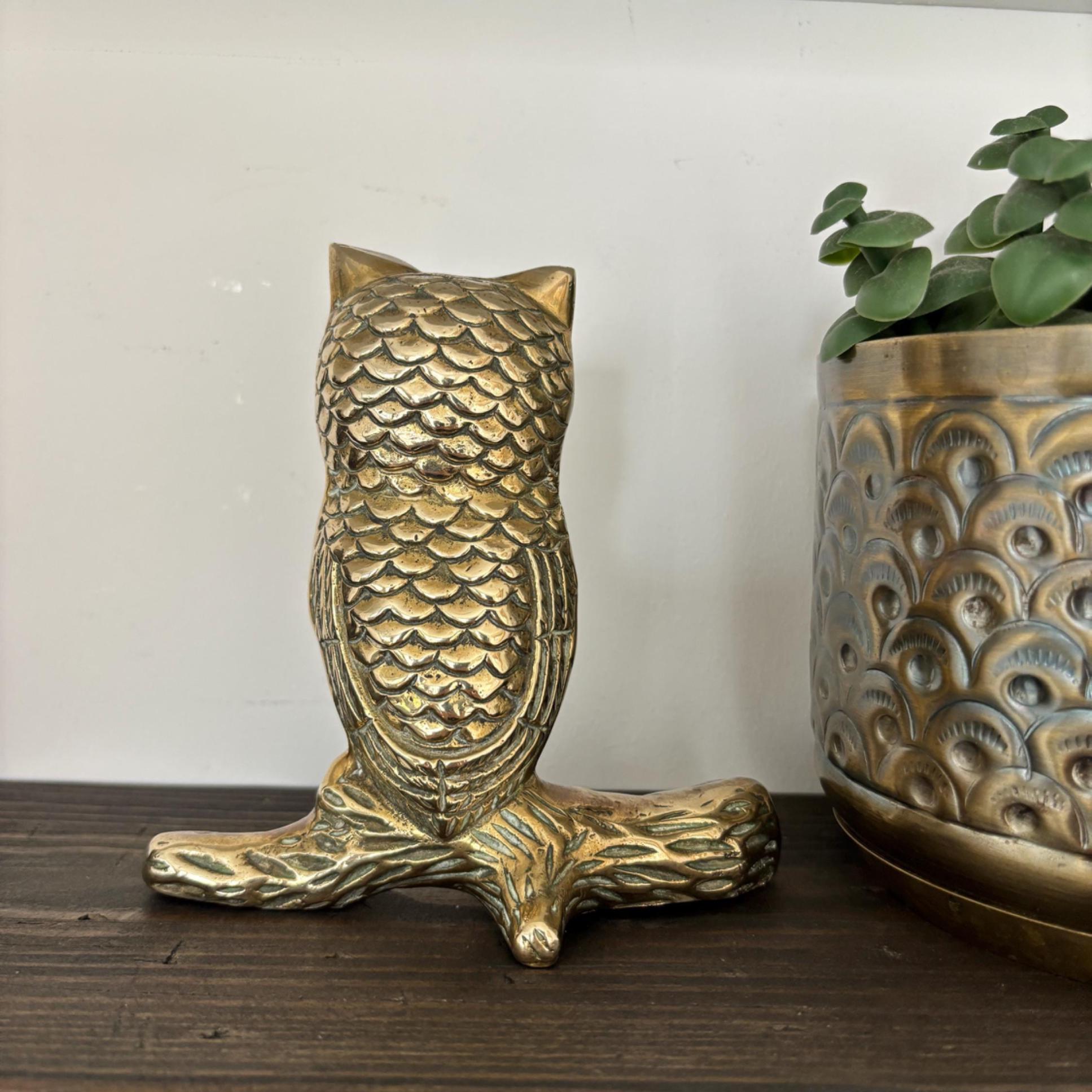 Vintage Solid Brass Owl on Branch Wise Owl Figurine Woodland Bird Sculpture Shelf Decor