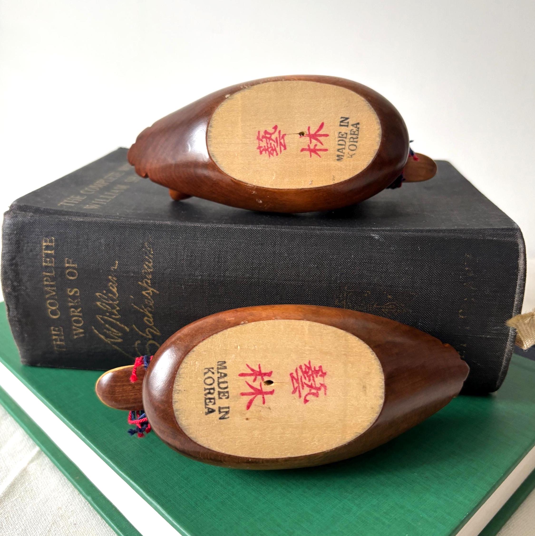 Traditional Korean Wedding Ducks Hand Carved Wooden Kireogi Pair Folk Art Anniversary Gift