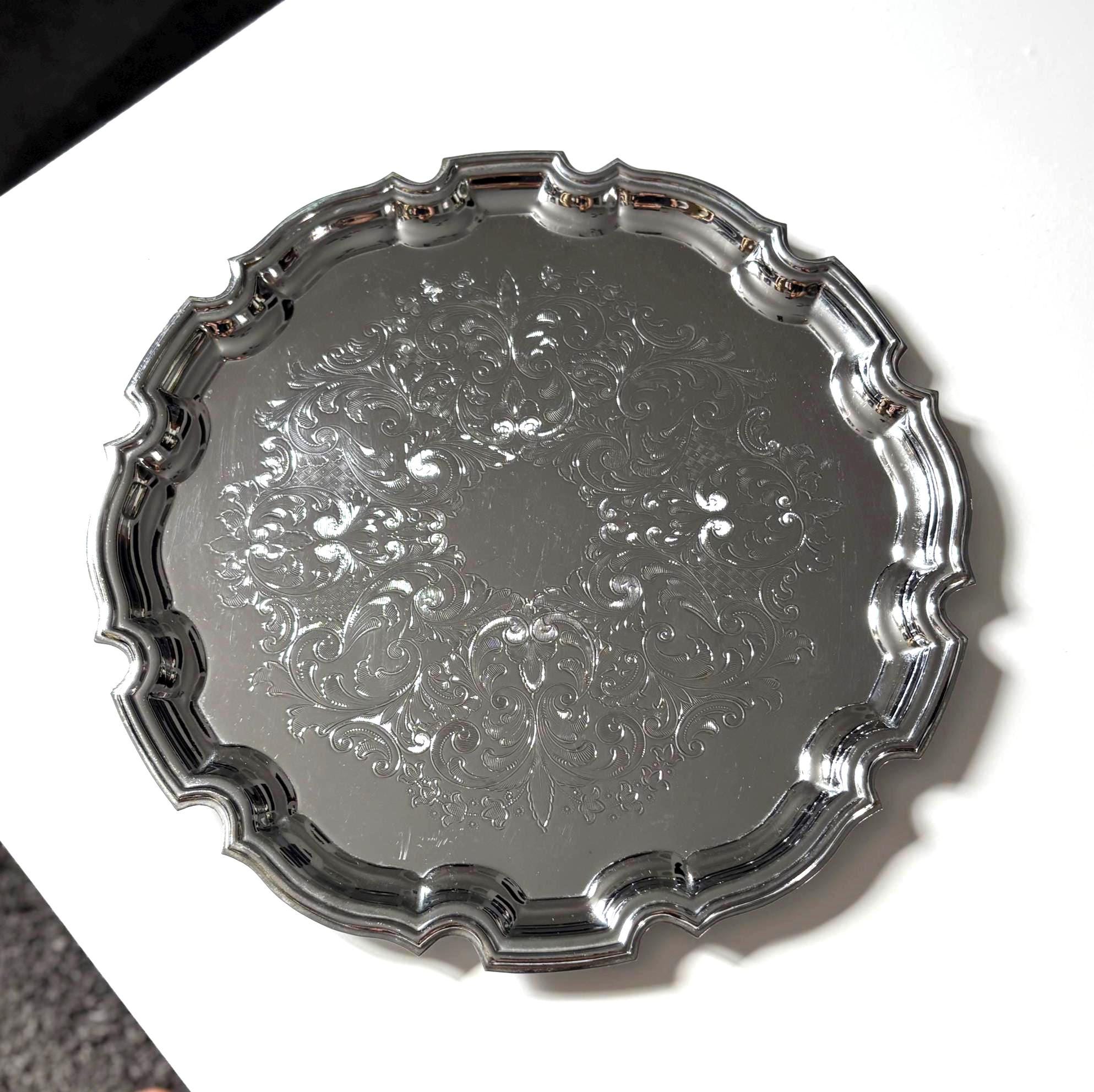 Vintage English Silver Plated Gallery Tray Ornate Scalloped Serving Tray Made in England Round