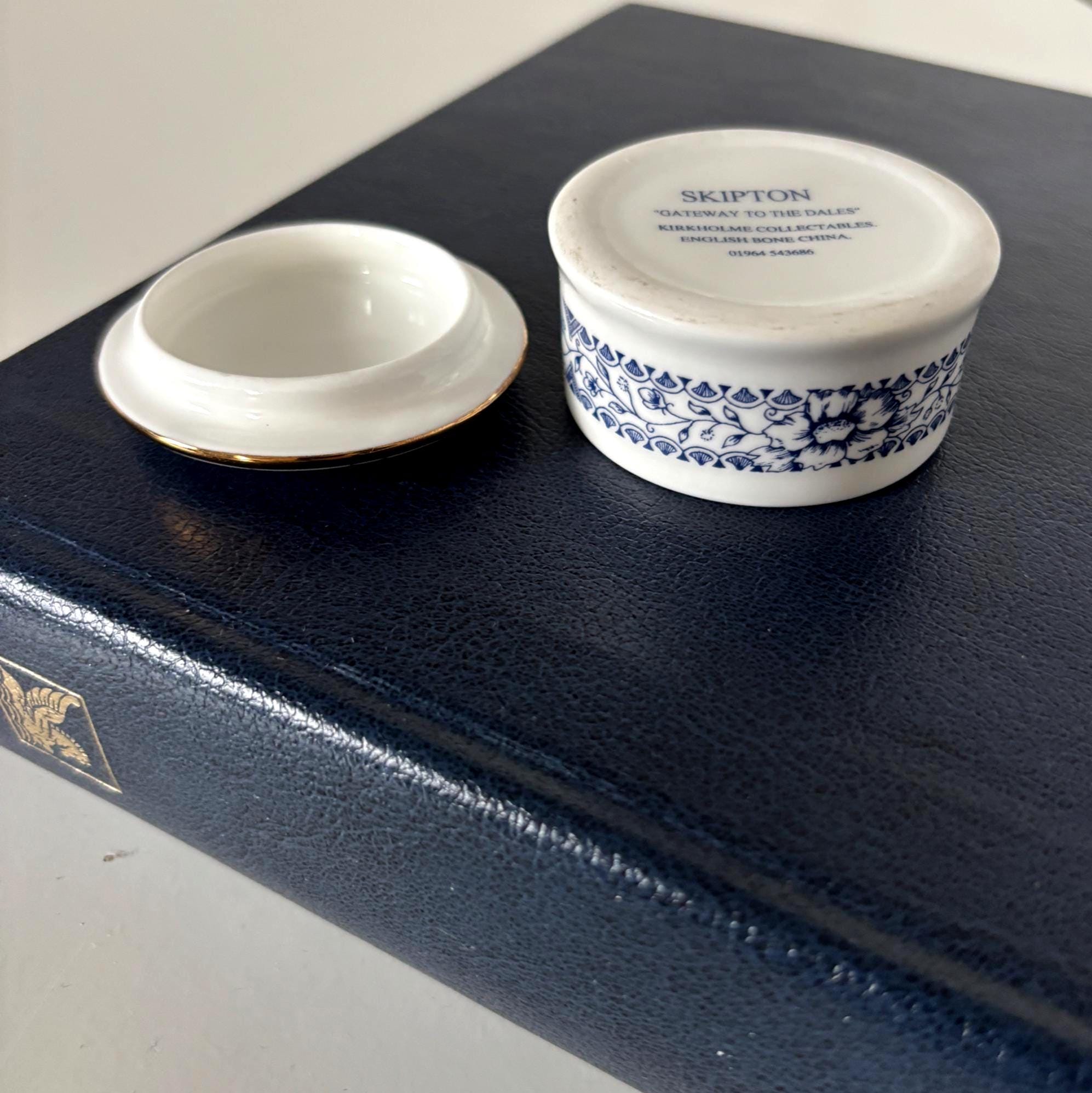 Vintage Skipton Bone China Trinket Box English Lidded Pot Blue White Floral Collectable