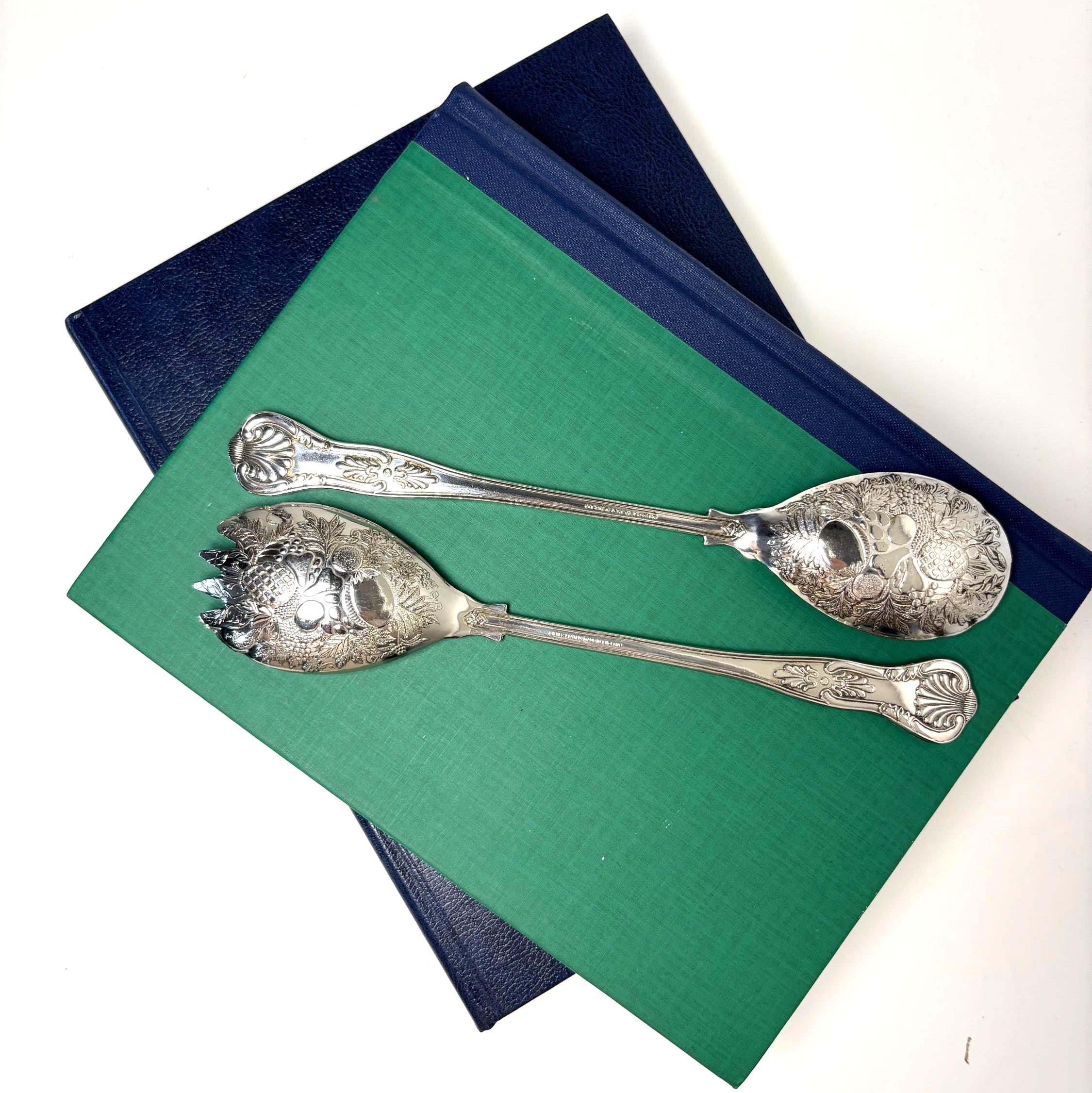 Ornate Vintage Silver Plated Salad Servers Fruit Pattern Victorian Style Serving Spoon Fork Set