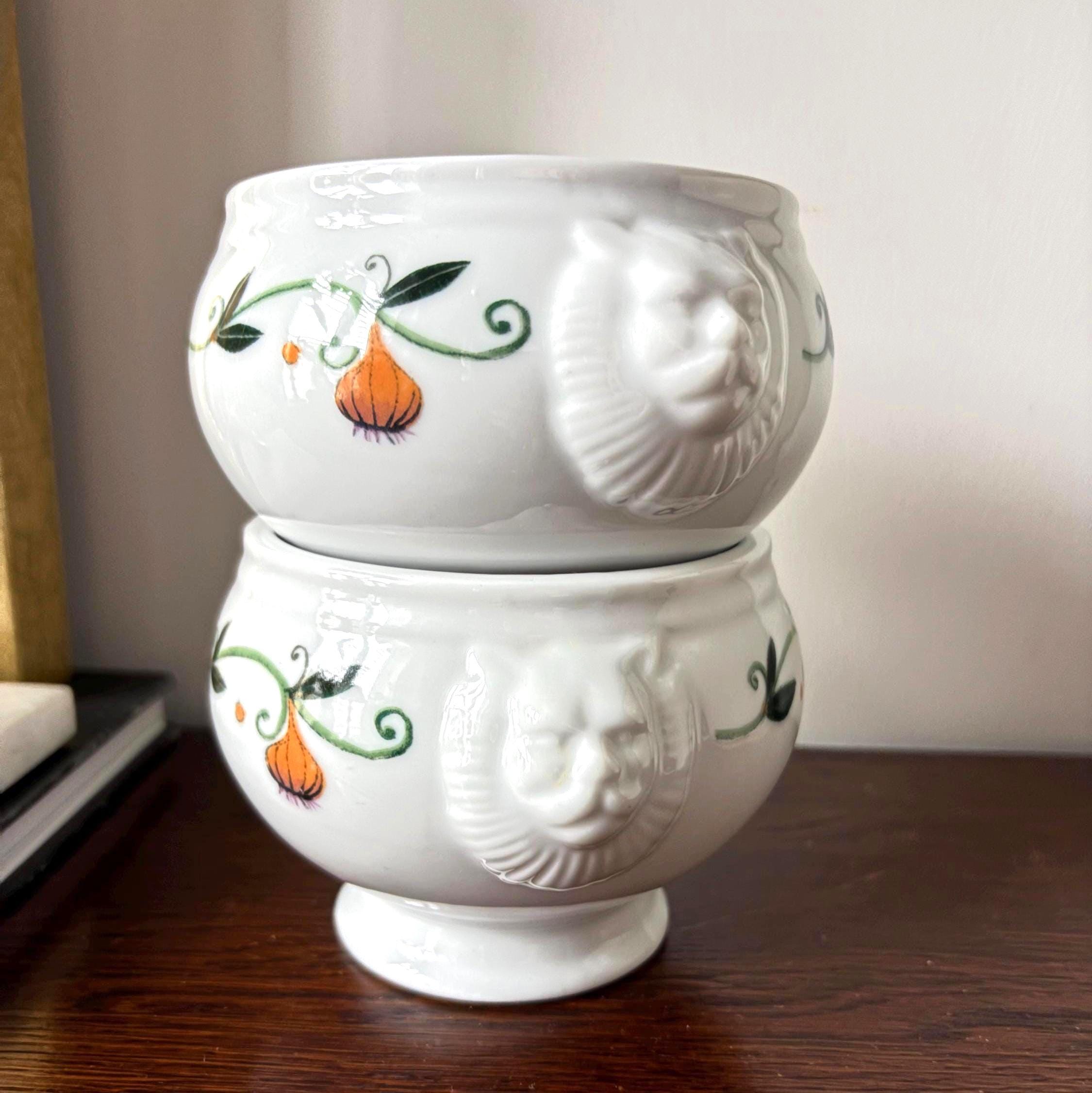 Pair Vintage White Ceramic Lion Head Bowls, Pedestal Foot, Hand-Painted Tureens