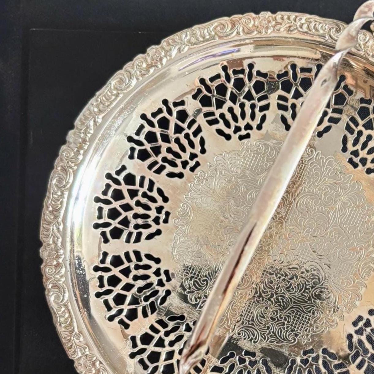 Vintage Silver Plated Pierced Basket Tray with Swing Handle