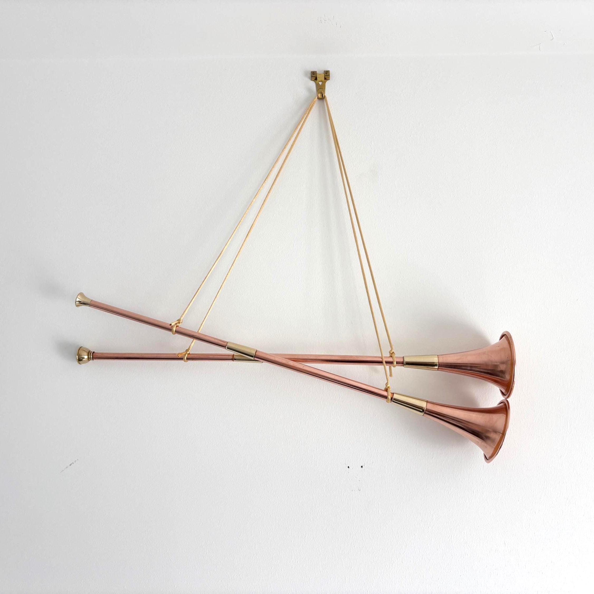 Vintage Copper & Brass Hunting Horn Wall Décor Pair 43cm Scandinavian Style