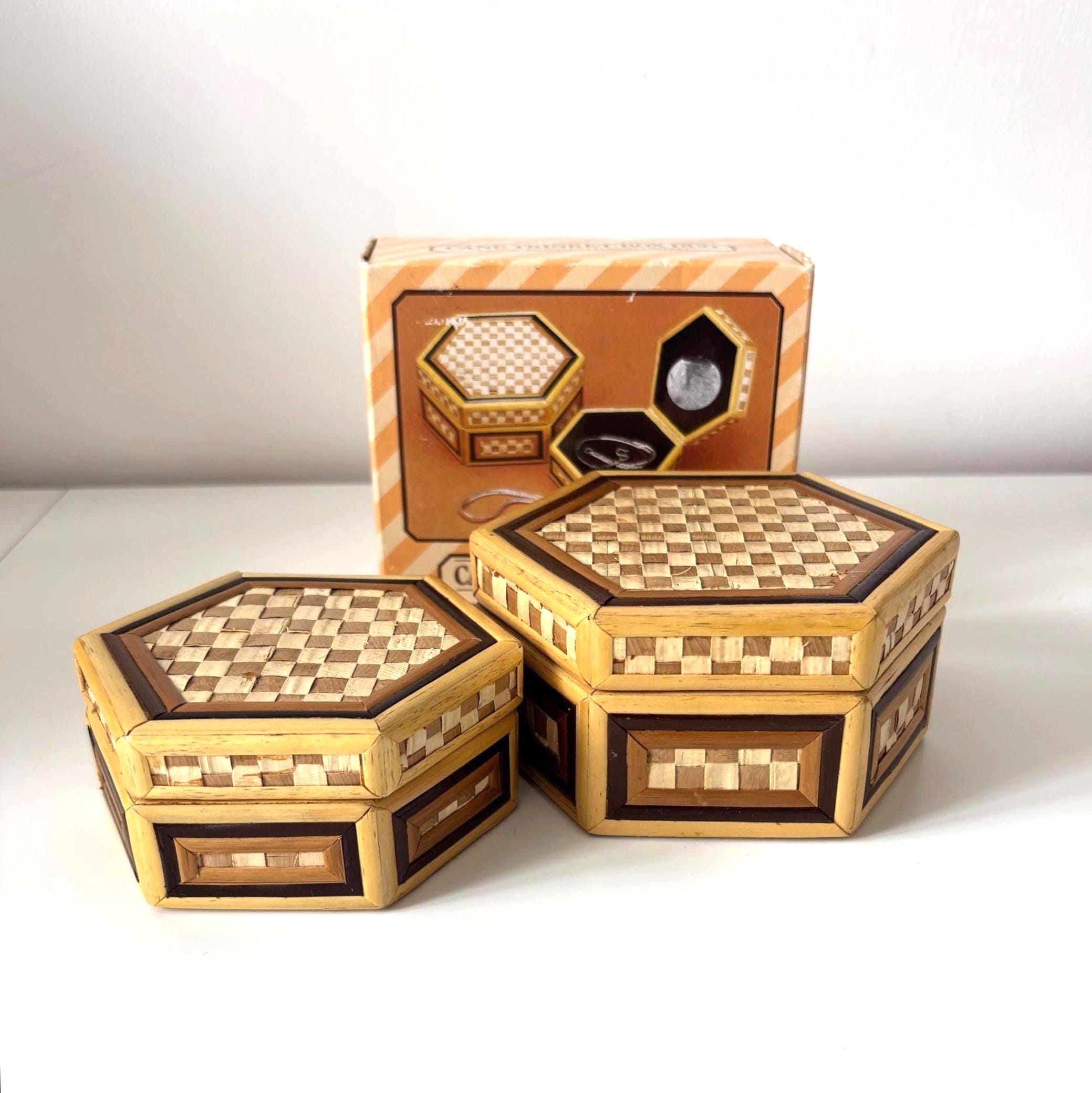 Vintage Cane Trinket Box Duo With Original Box And Velvet Lining