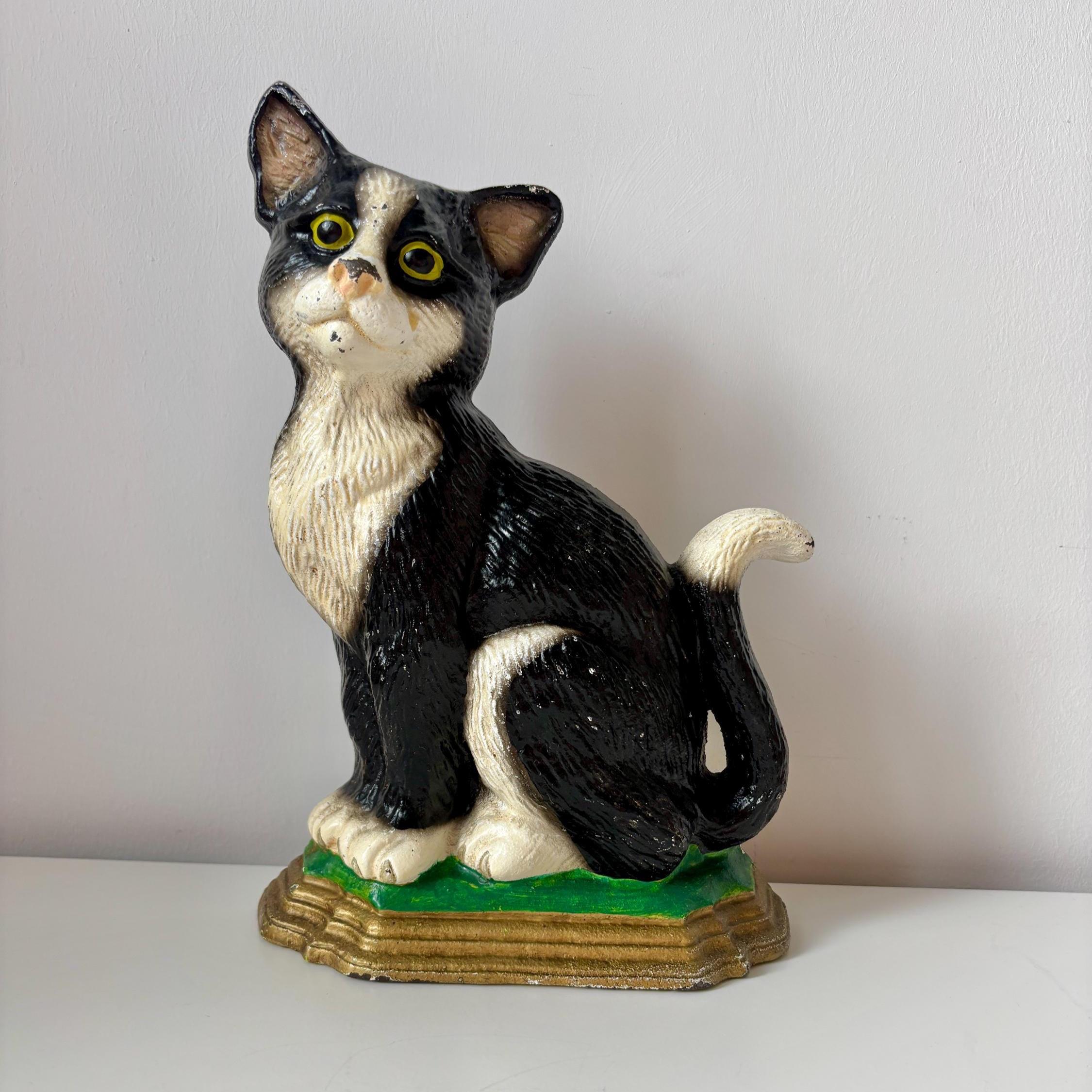 Cast Iron Tuxedo Cat Doorstop Black White Heavy Vintage Farmhouse Animal Decor Ornament