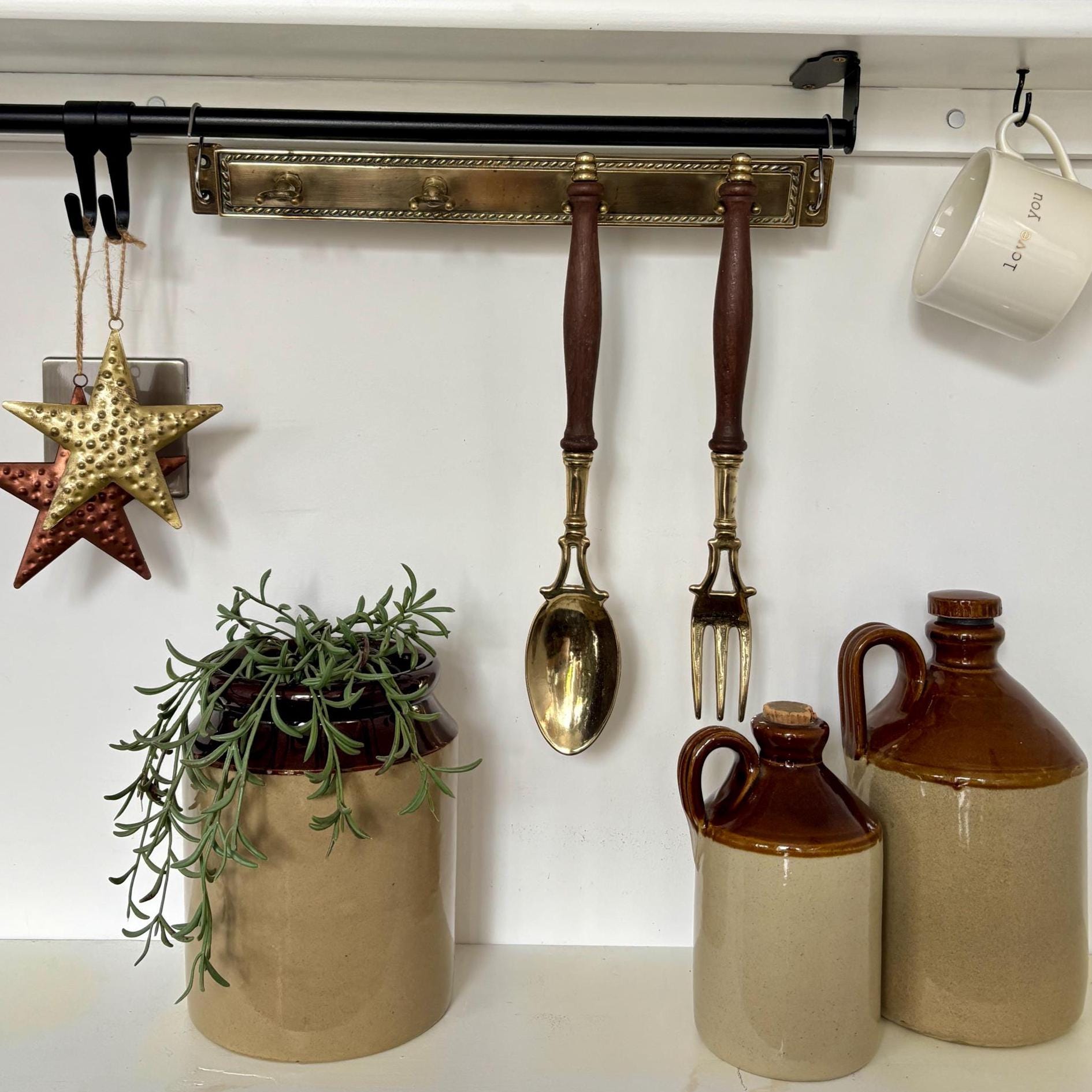 Vintage French Brass Kitchen Utensil Set: Fork & Spoon Wall Decor