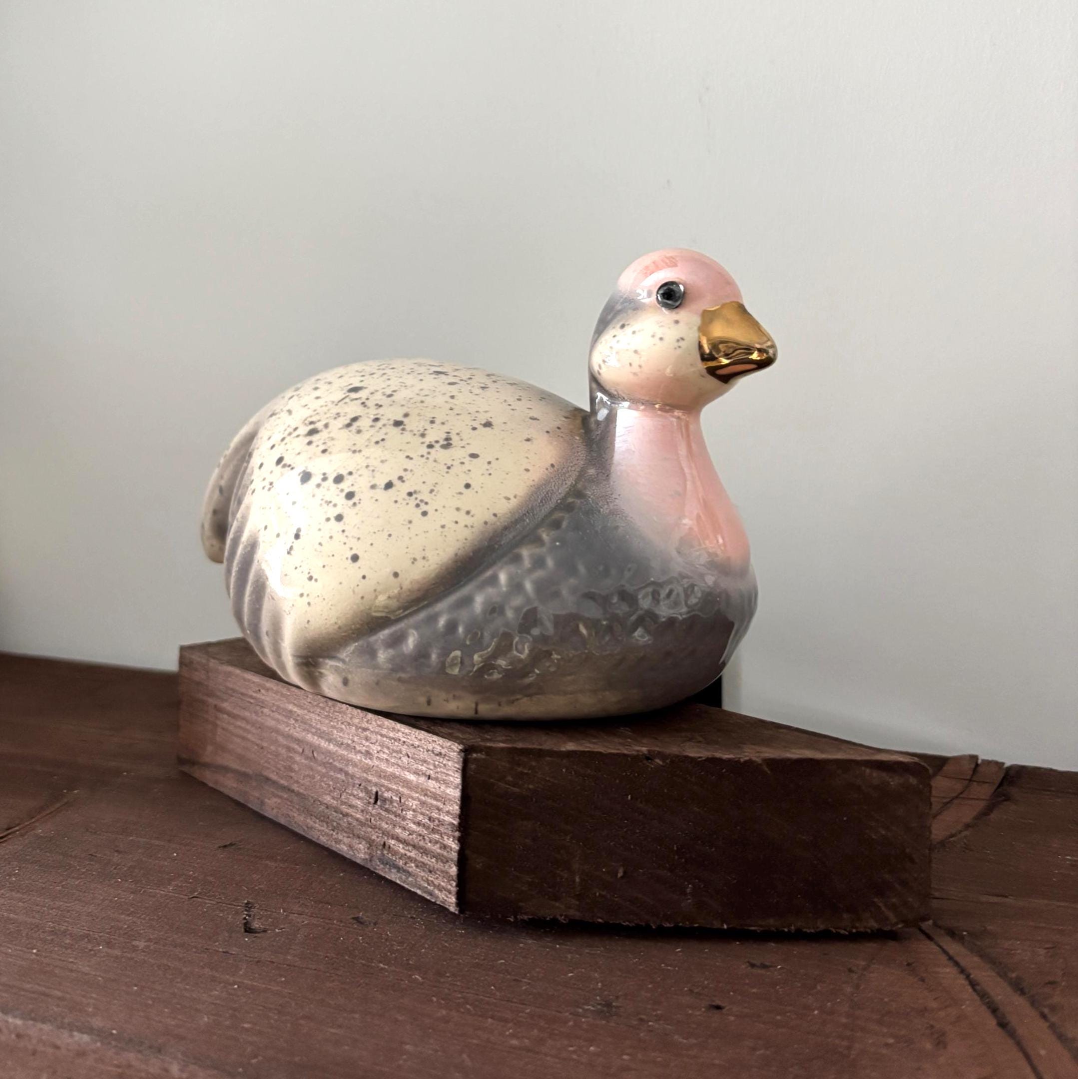 Vintage Ceramic Duck Figurine Glass Eyes Pink Grey Speckled Bird Ornament Large