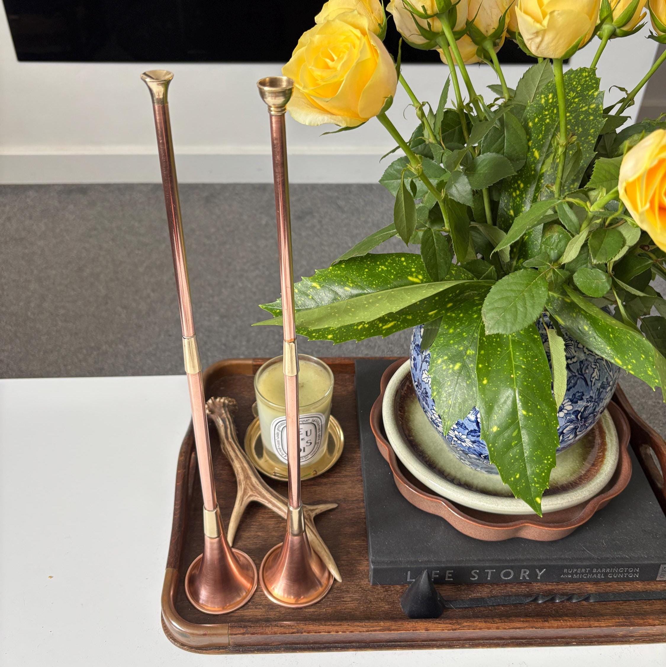 Vintage Copper & Brass Hunting Horn Wall Décor Pair 43cm Scandinavian Style