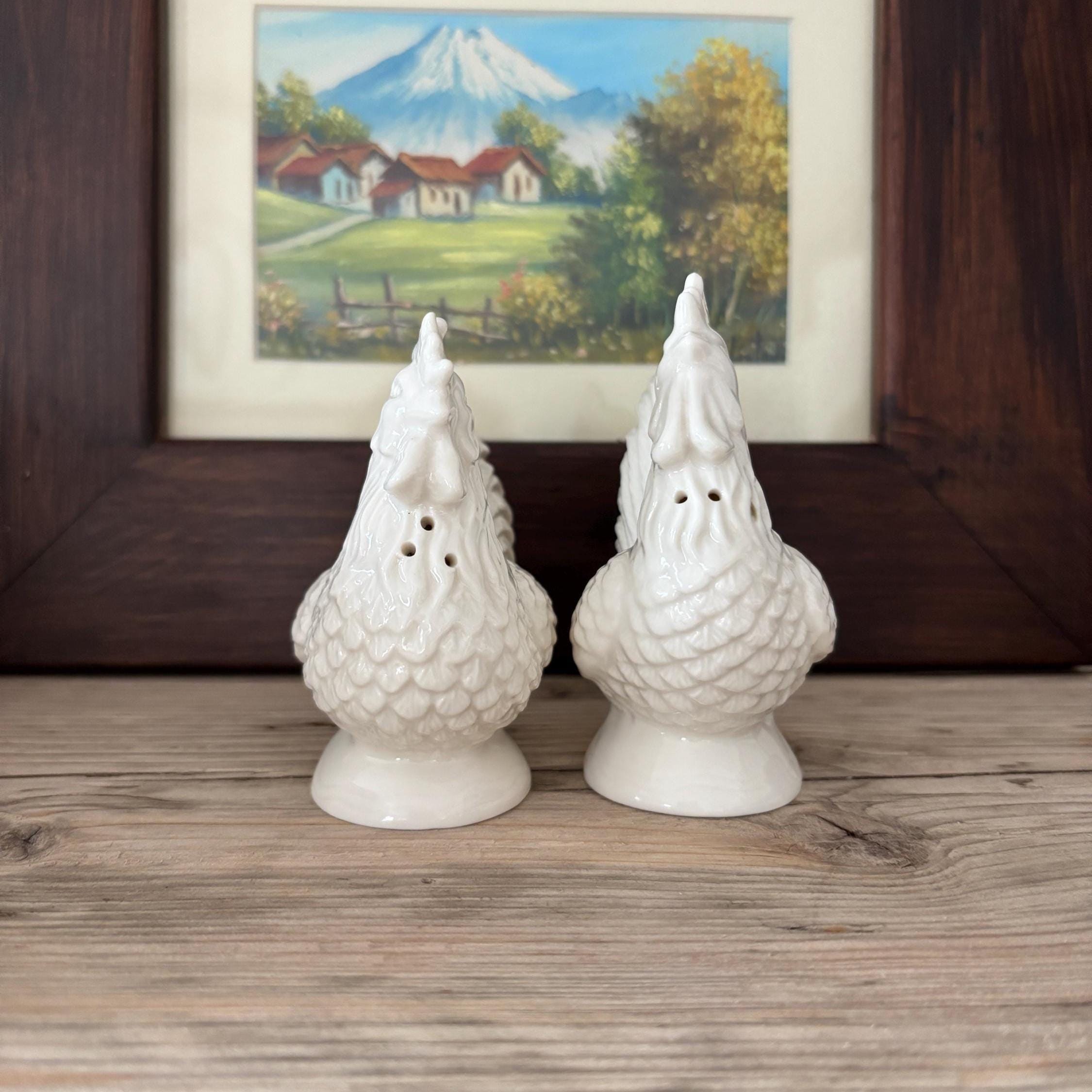 Vintage Cream Rooster Salt and Pepper Shakers | Ceramic Farmhouse Kitchen Pair