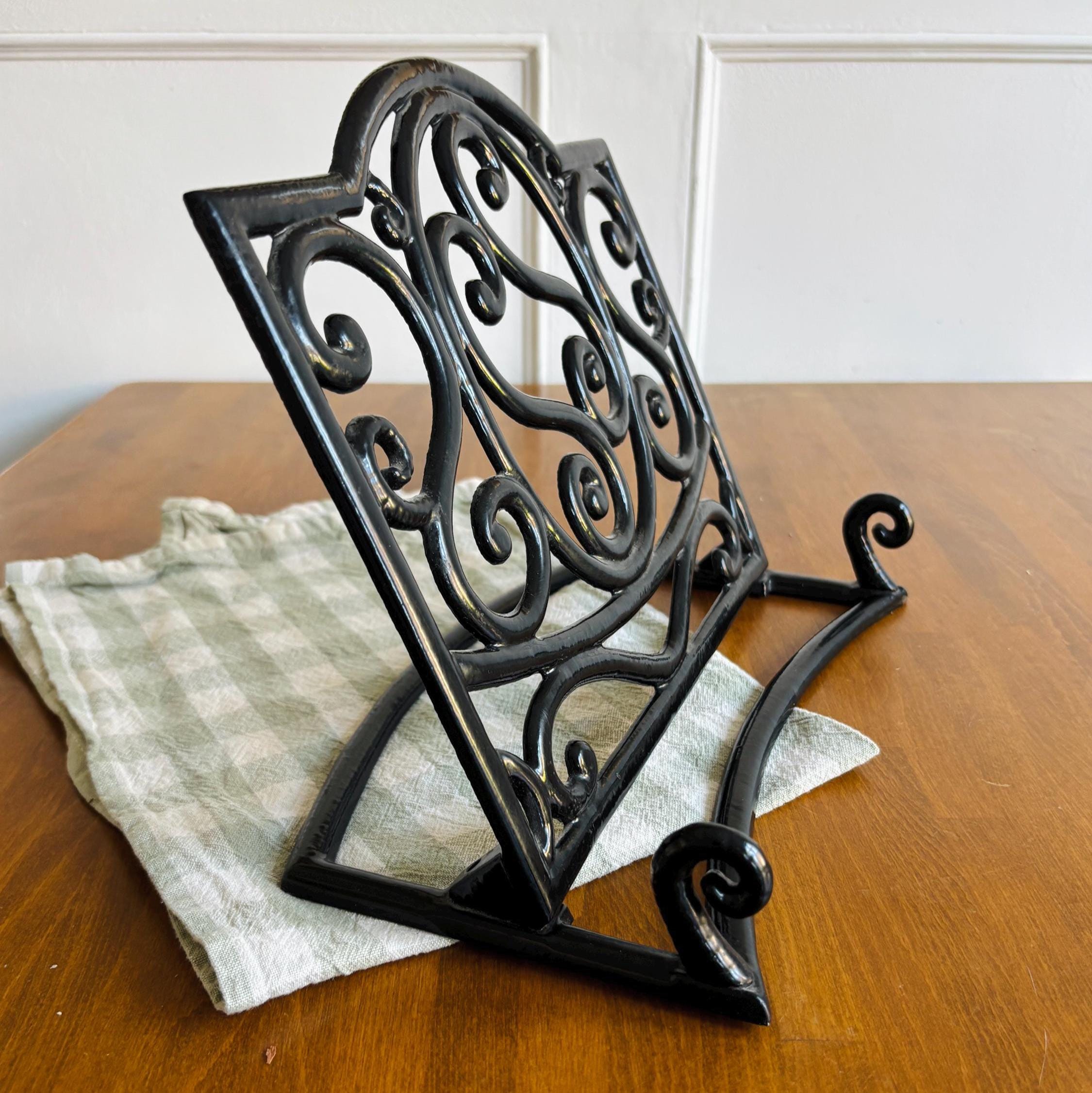Vintage Wrought Iron Cookbook Stand Black Scrollwork Recipe Holder Kitchen Display Easel Decor