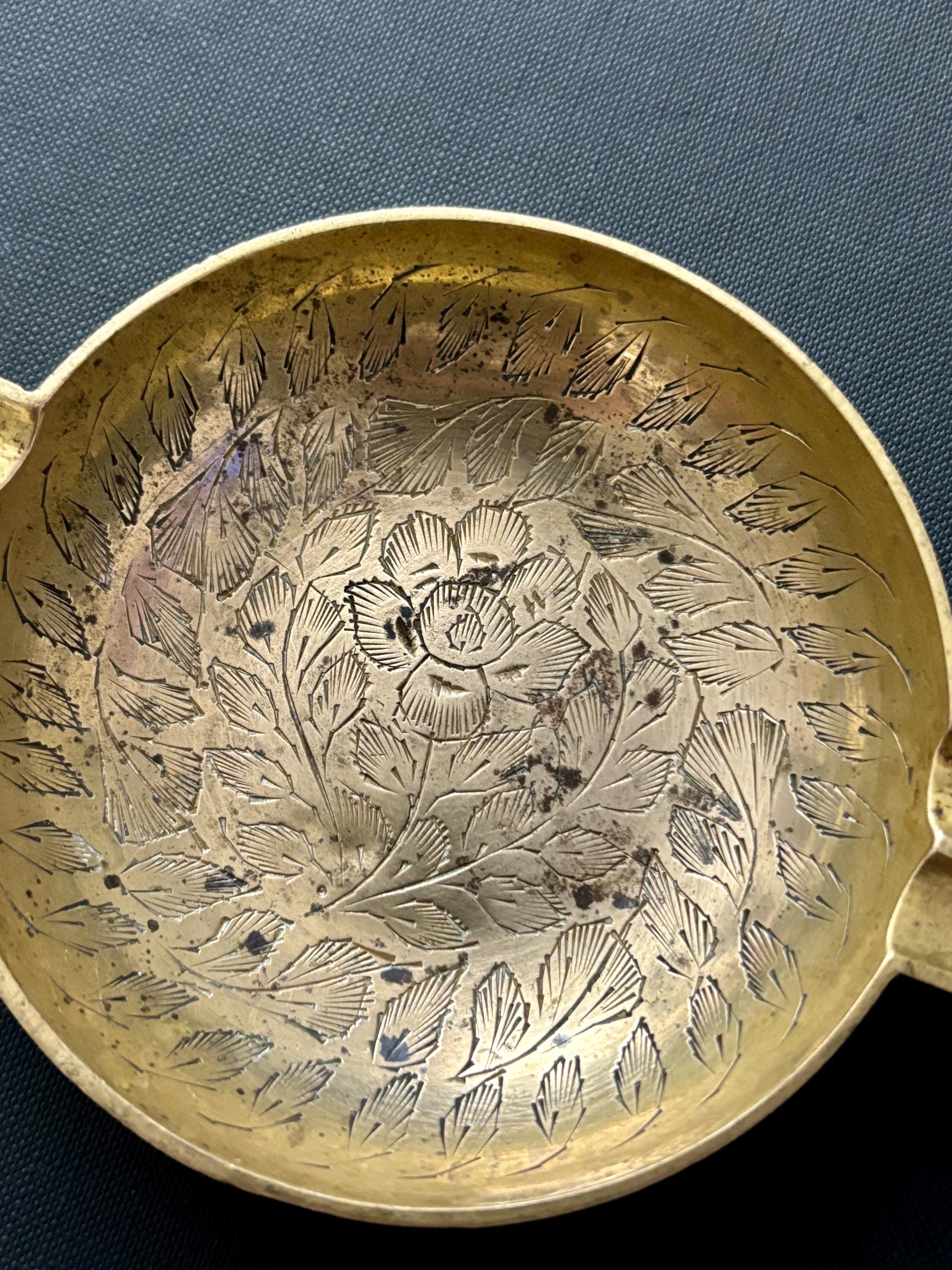 Vintage Hand Etched Brass Ashtray Pair: Indian Floral Ring Dish