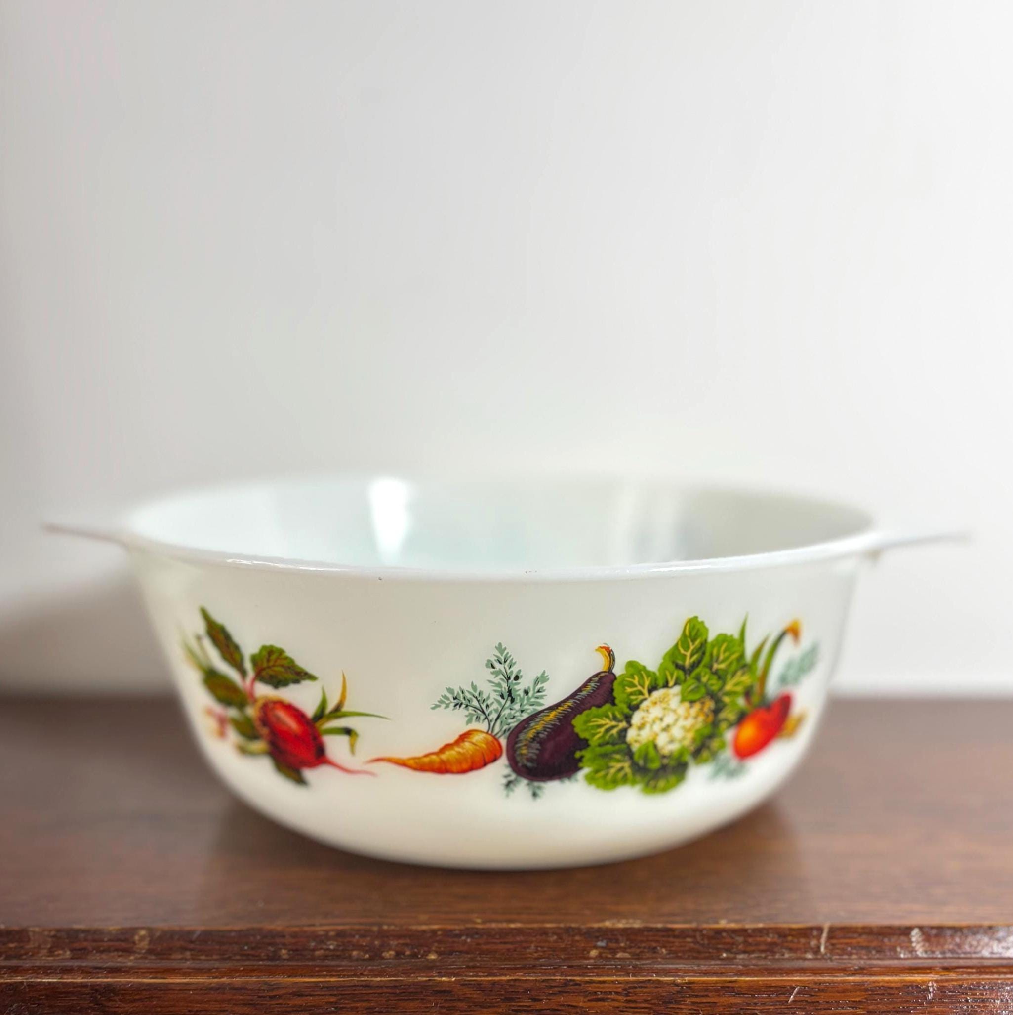 Vintage Milk Glass Casserole Dish Vegetable Pattern Mid Century Kitchen Serving Bowl Handles