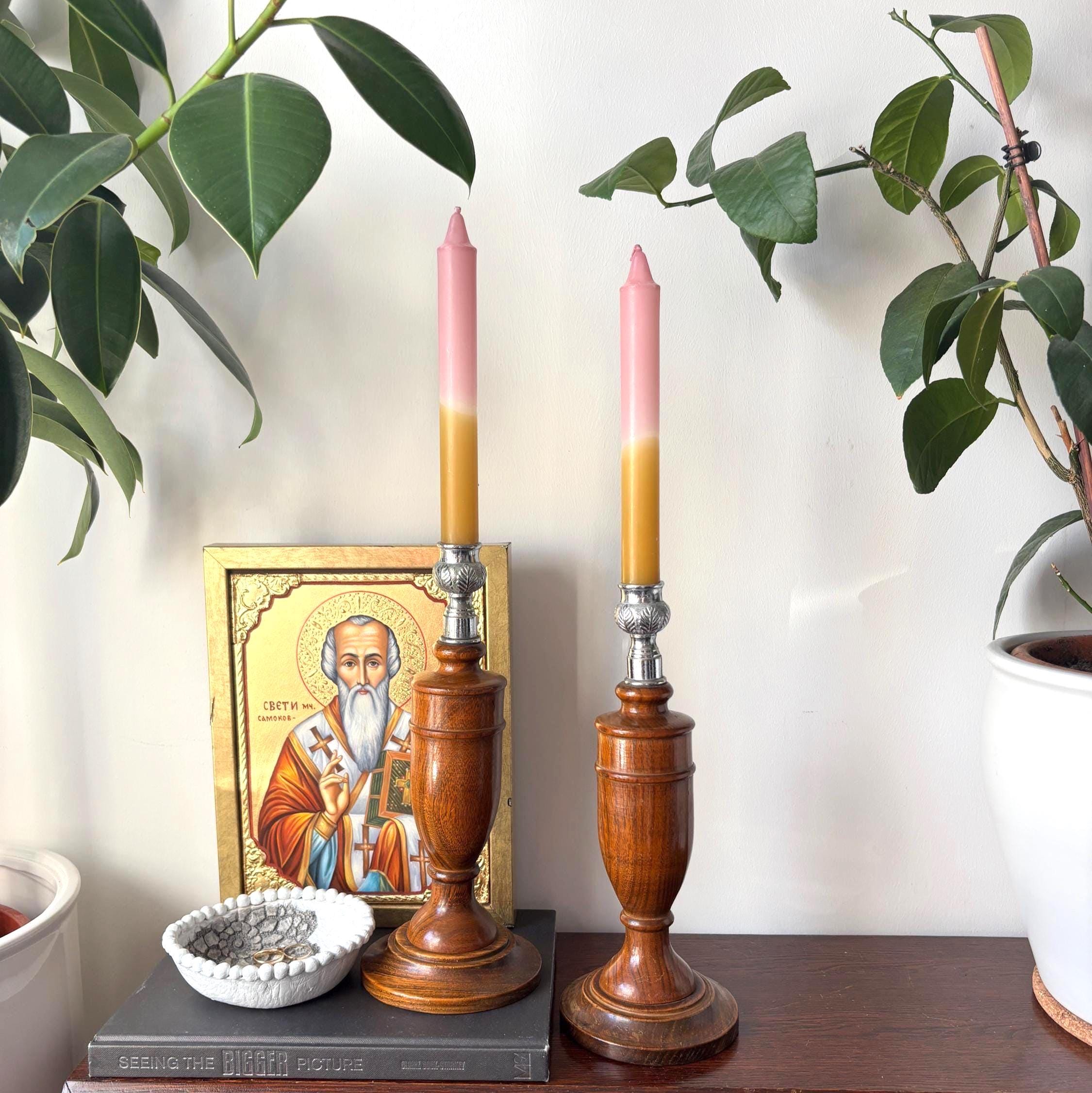 Vintage Wooden Candlesticks Pair, Turned Oak Candle Holders, Silver Tone Leaf Cups, Mantel Decor