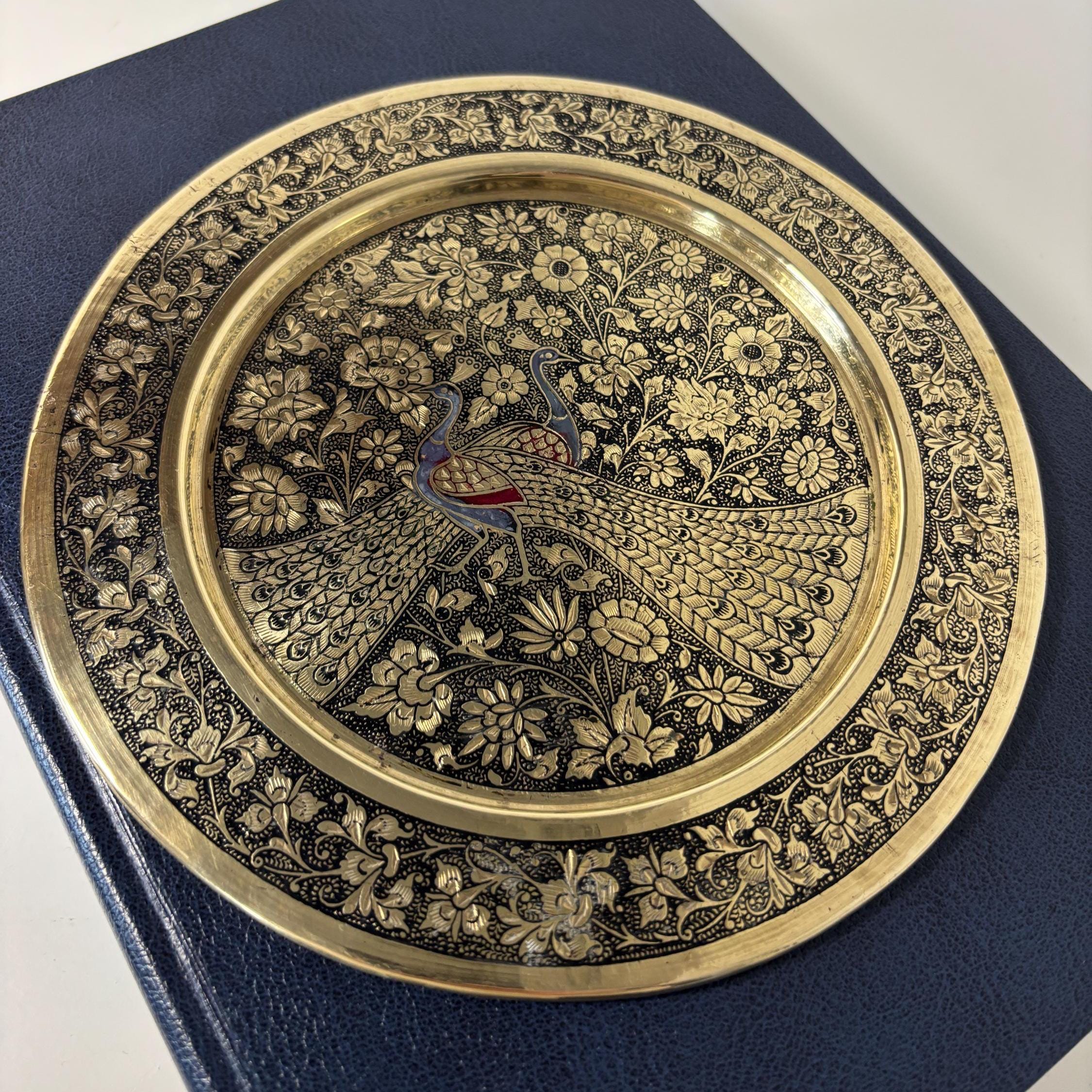 Vintage Brass Peacock Plate Etched Floral Indian Wall Hanging Decor