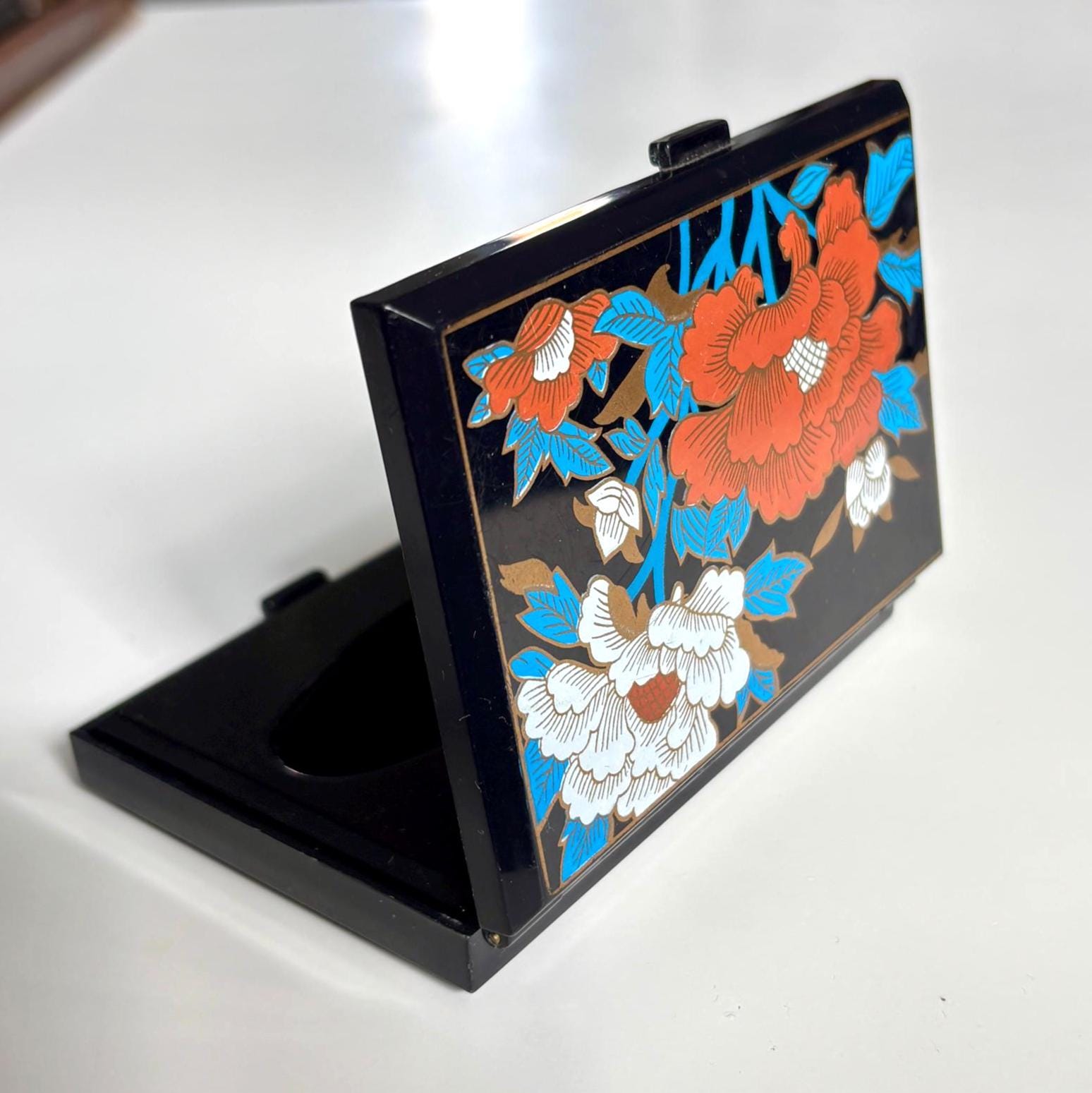 Vintage Floral Lacquer Style Compact Mirror Tissue Case Vanity Travel Accessory Gift