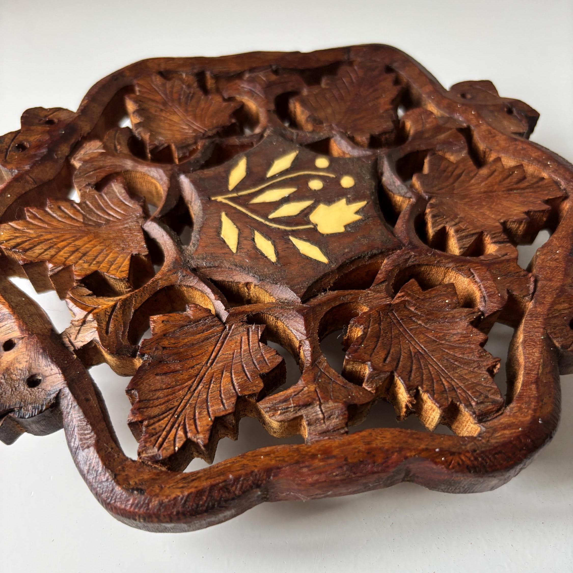 Vintage Hand Carved Wooden Trivet With Bone Inlay Grapevine Leaf Pot Stand Decor