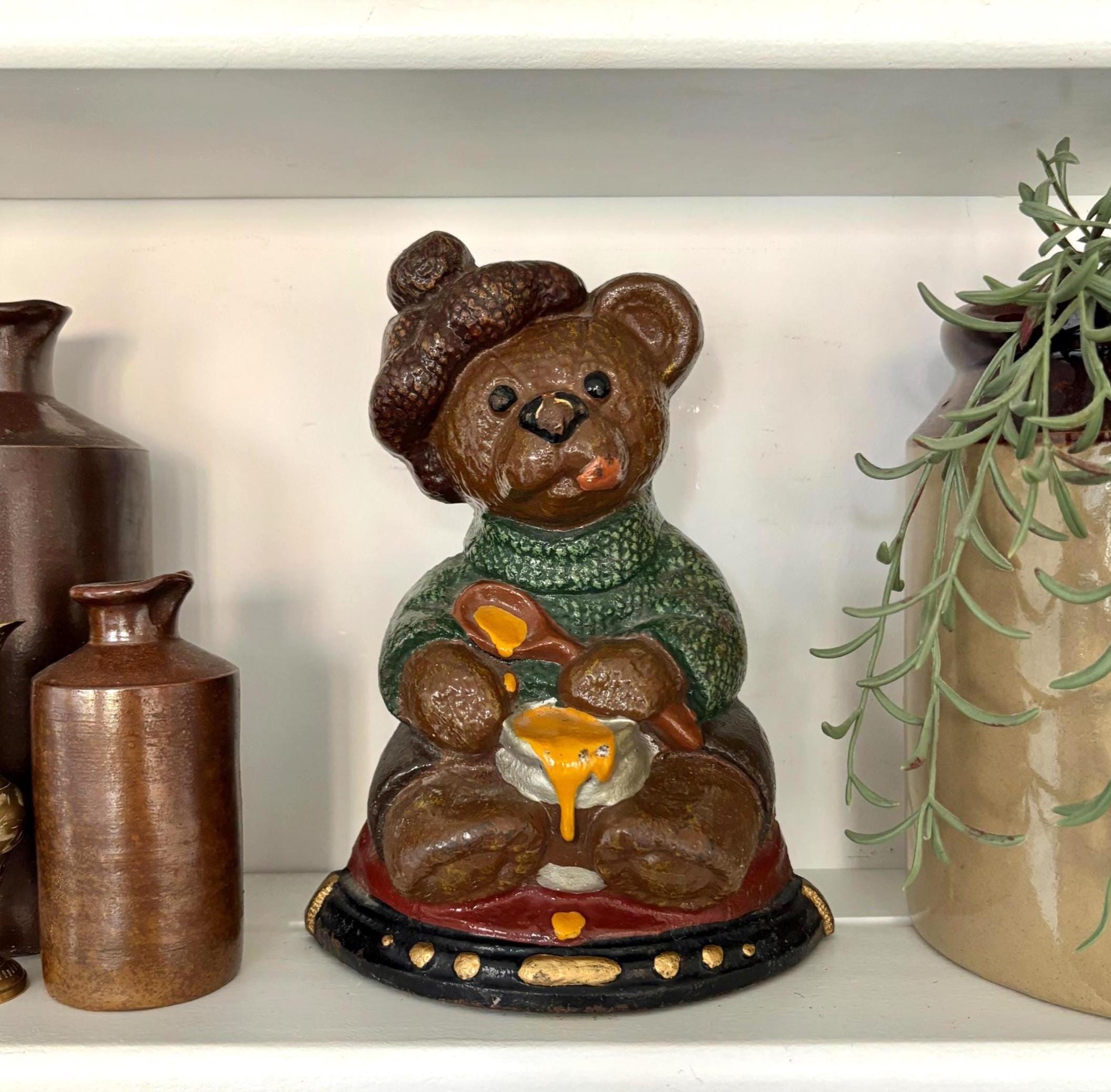 Vintage Cast Iron Teddy Bear Doorstop Honey Pot Rustic Cottage Farmhouse Decor Heavy