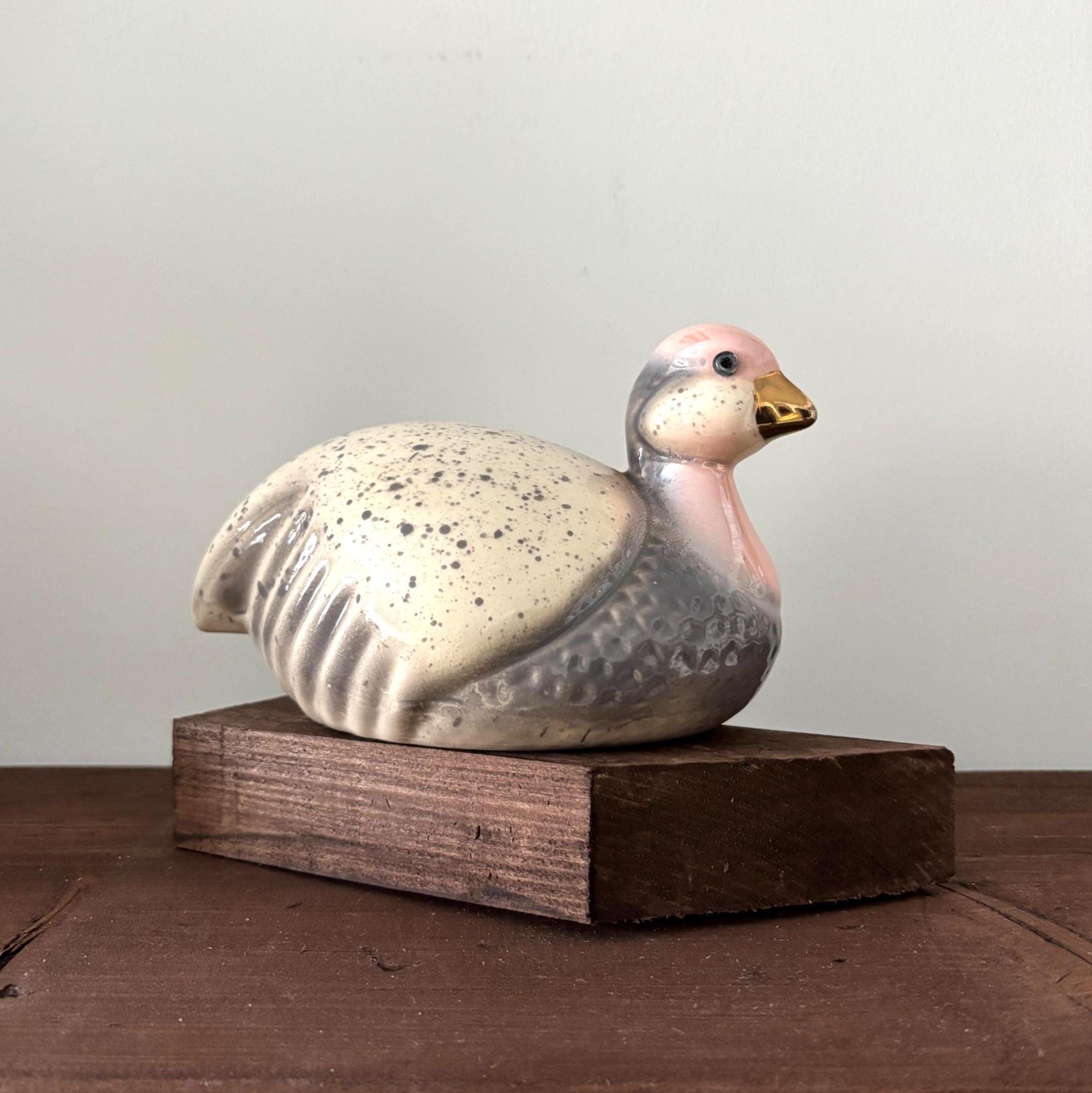 Vintage Ceramic Duck Figurine Glass Eyes Pink Grey Speckled Bird Ornament Large
