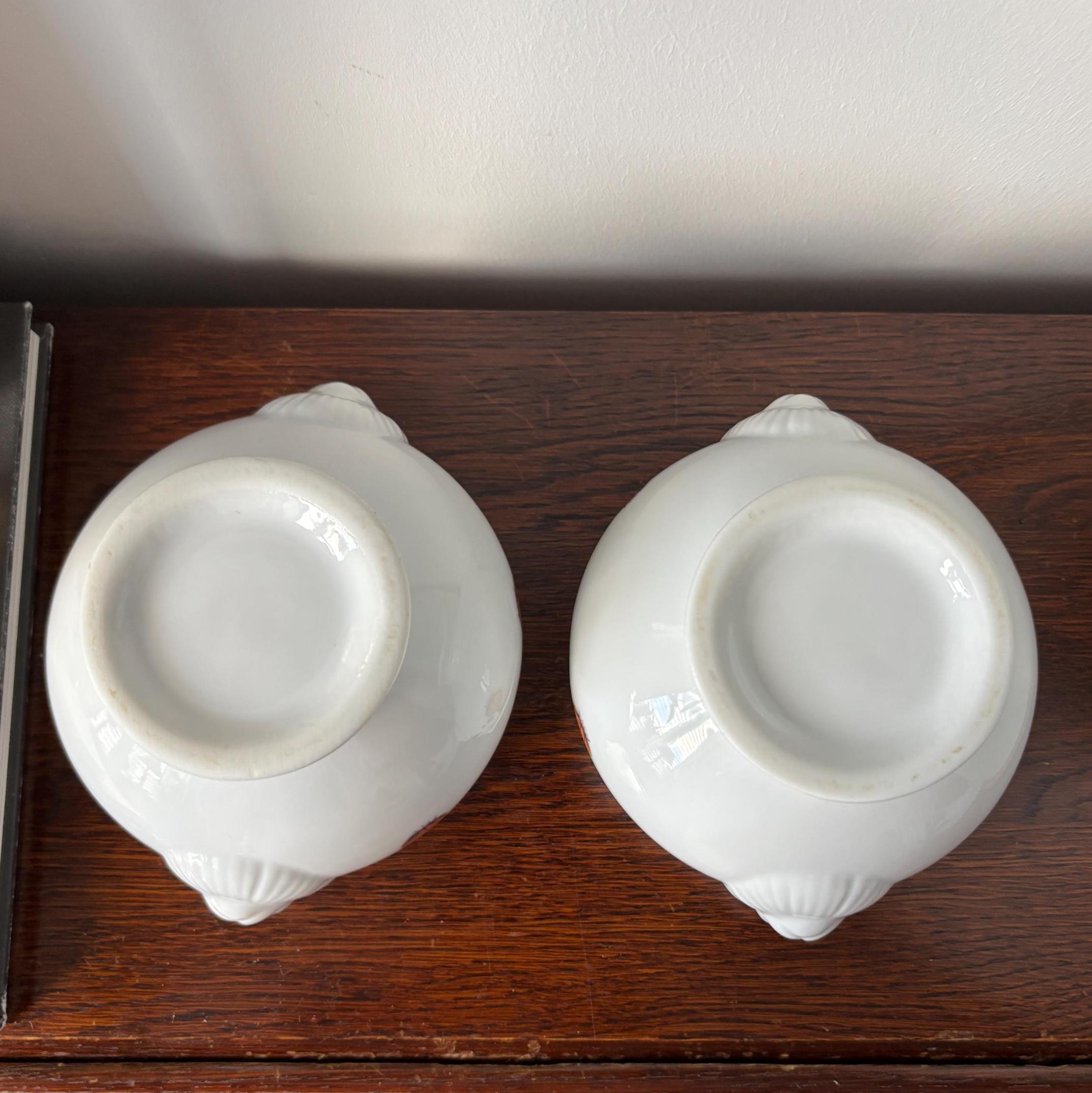 Pair Vintage White Ceramic Lion Head Bowls, Pedestal Foot, Hand-Painted Tureens