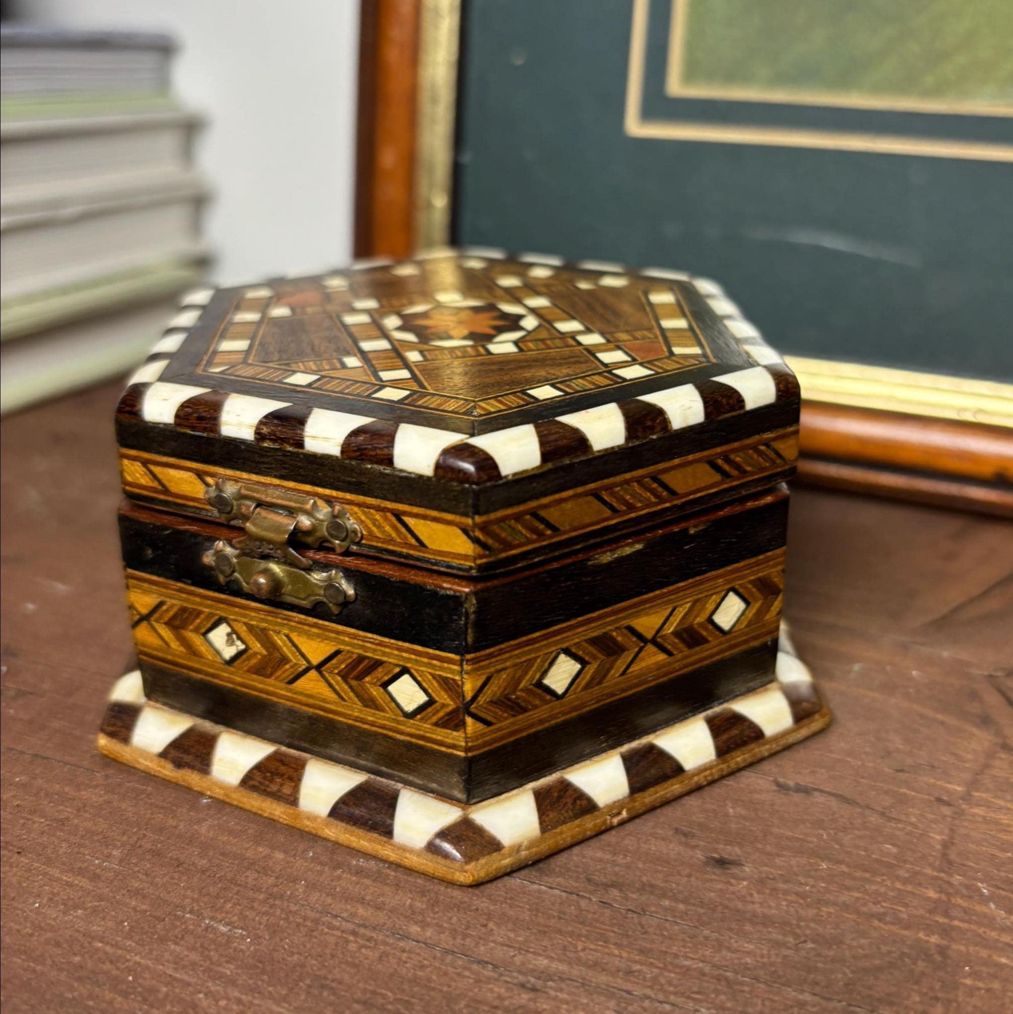 Vintage Spanish Marquetry Jewelry Box Tossa de Mar Costa Brava Wood Mosaic Hexagon