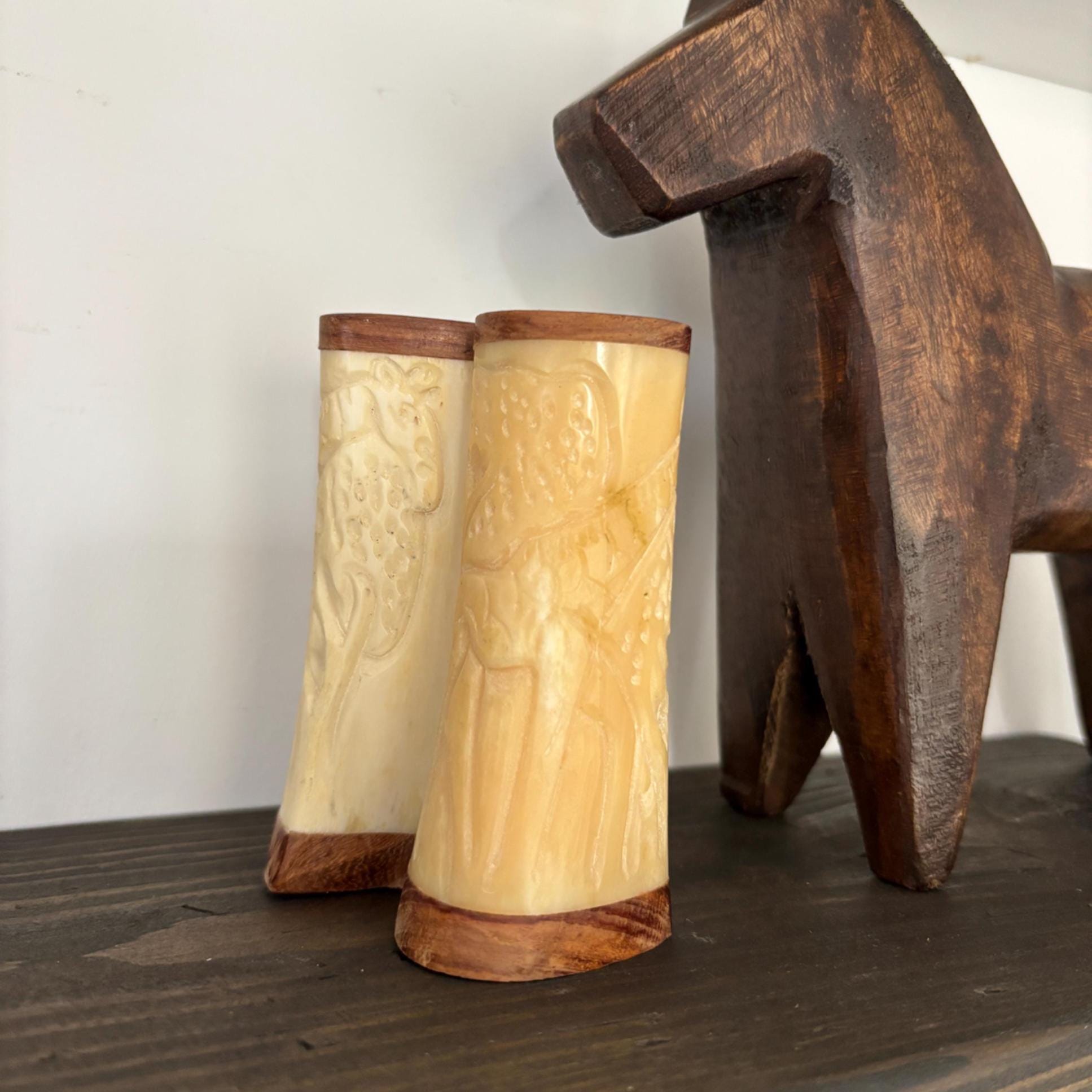Hand Carved Bone Salt and Pepper Shakers: Giraffe Motif, African Boho Decor