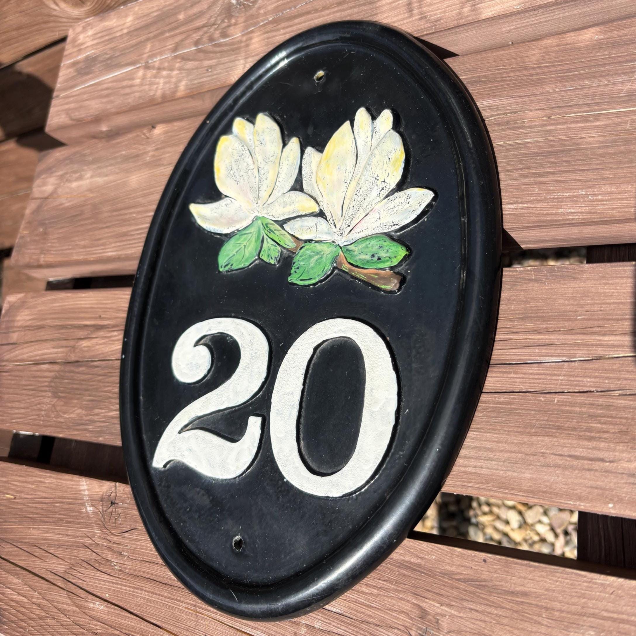 Cast Iron House Number Plaque: Black Oval Sign with White Magnolias